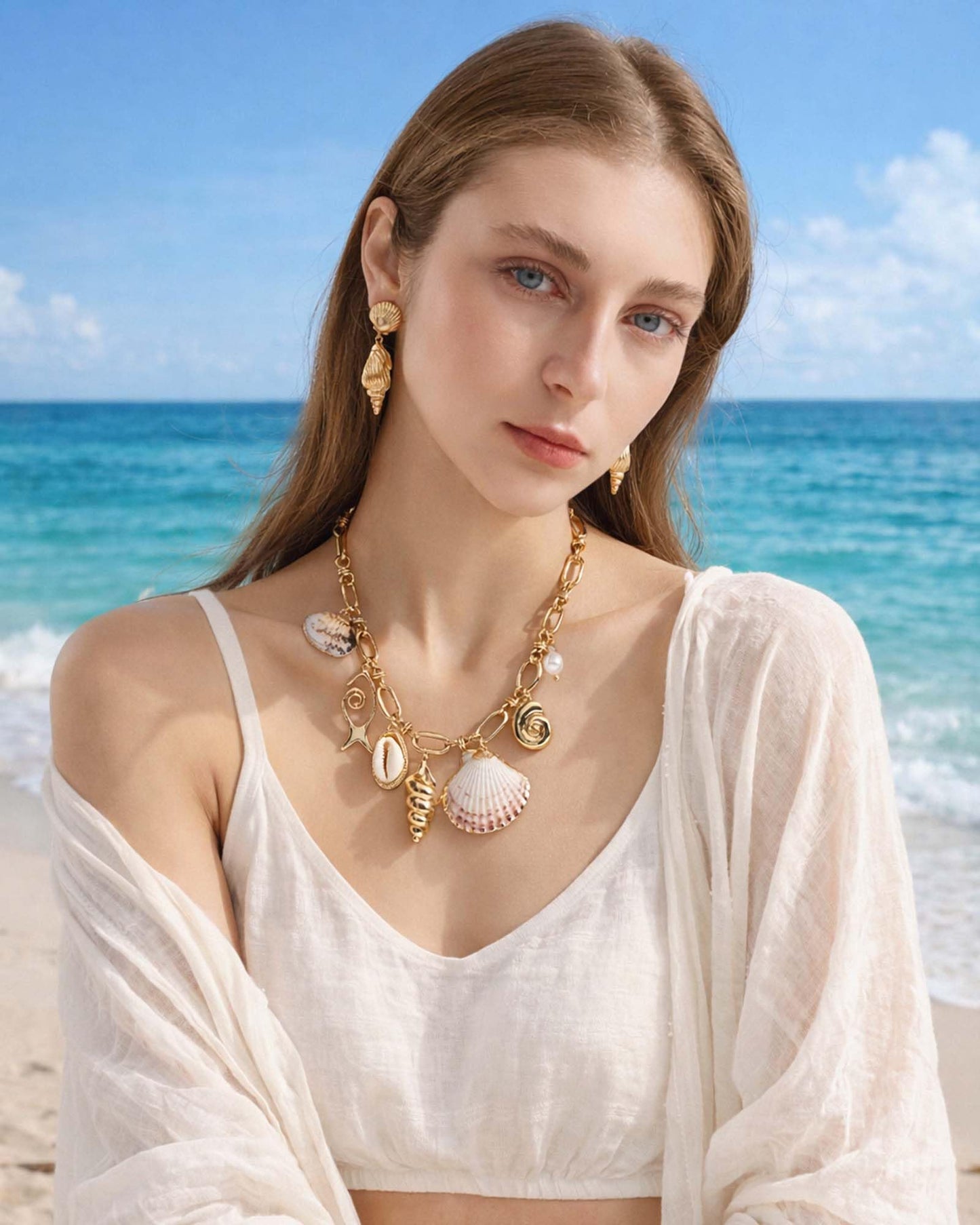 ENSKEFEN Chunky Sea Shell Necklace for Women Trendy Boho Shell Conch Starfish Charm Necklaces Summer Beach Chain Necklace Seashell Jewelry