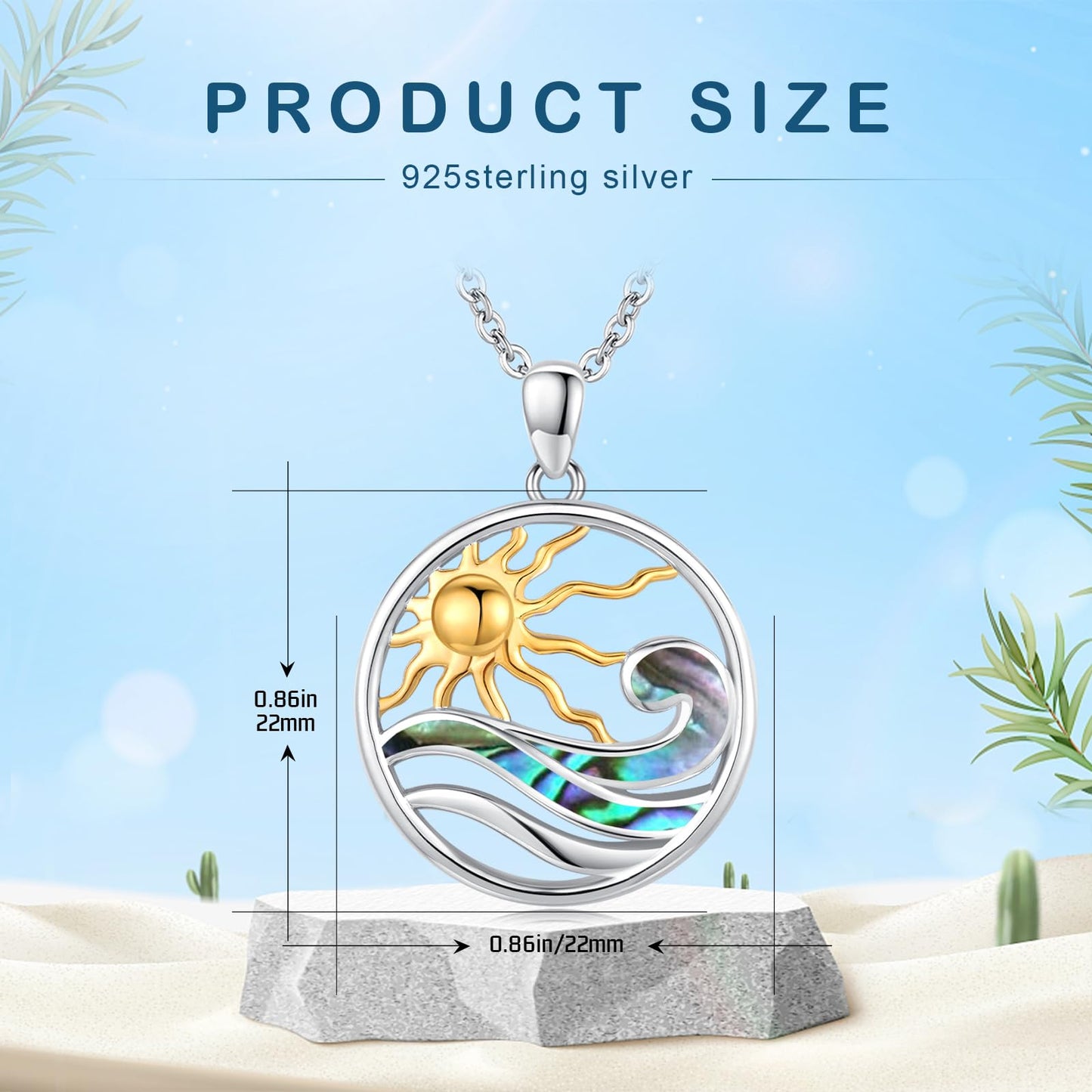 Midir&Etain Ocean Wave Necklace 925 Sterling Silver Abalone Shell Pendant Sun Necklace Ocean Surf Necklace Summer Hawaiian Beach Ocean Jewelry for Women