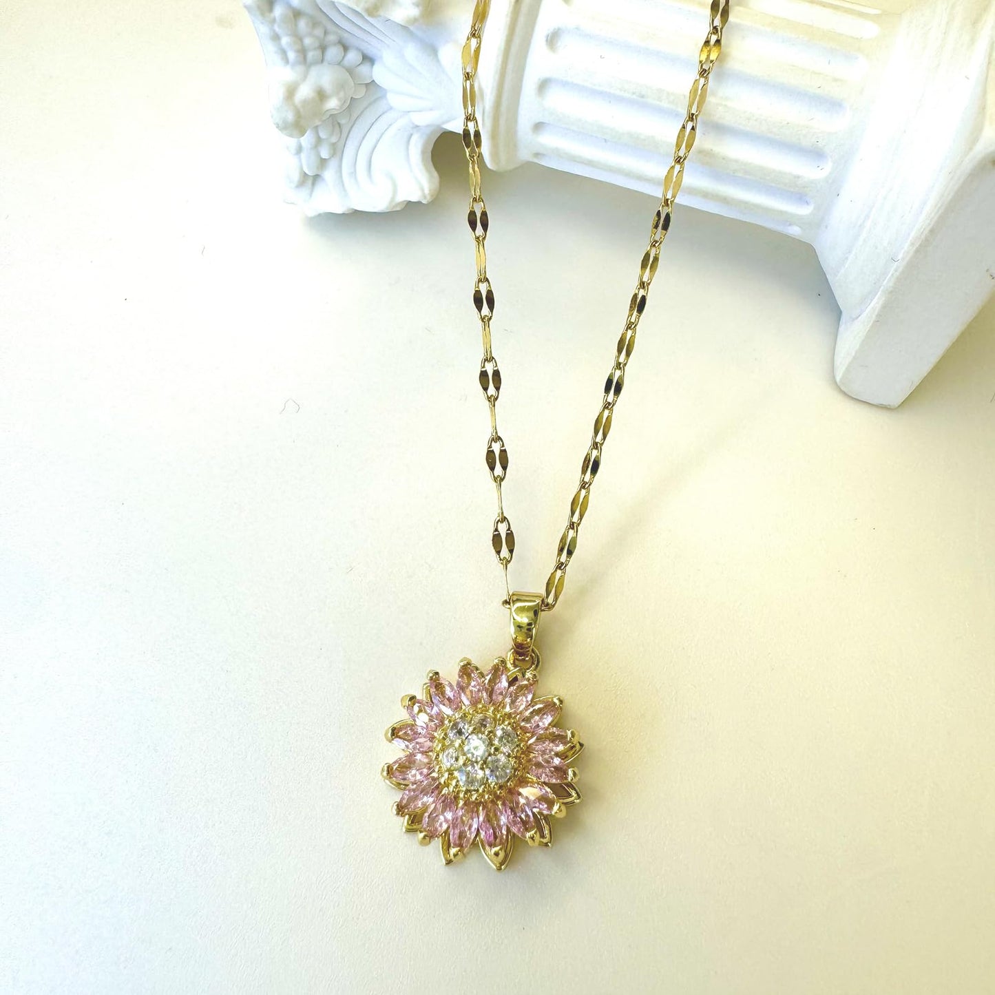 KONPJE Sunflower Fidget Necklace for Women Gold Moon Necklace Rotating Heart Necklaces Spinning Crystal Sunflower Anxiety Necklaces Crescent Moons Jewelry Accessories (Pink)