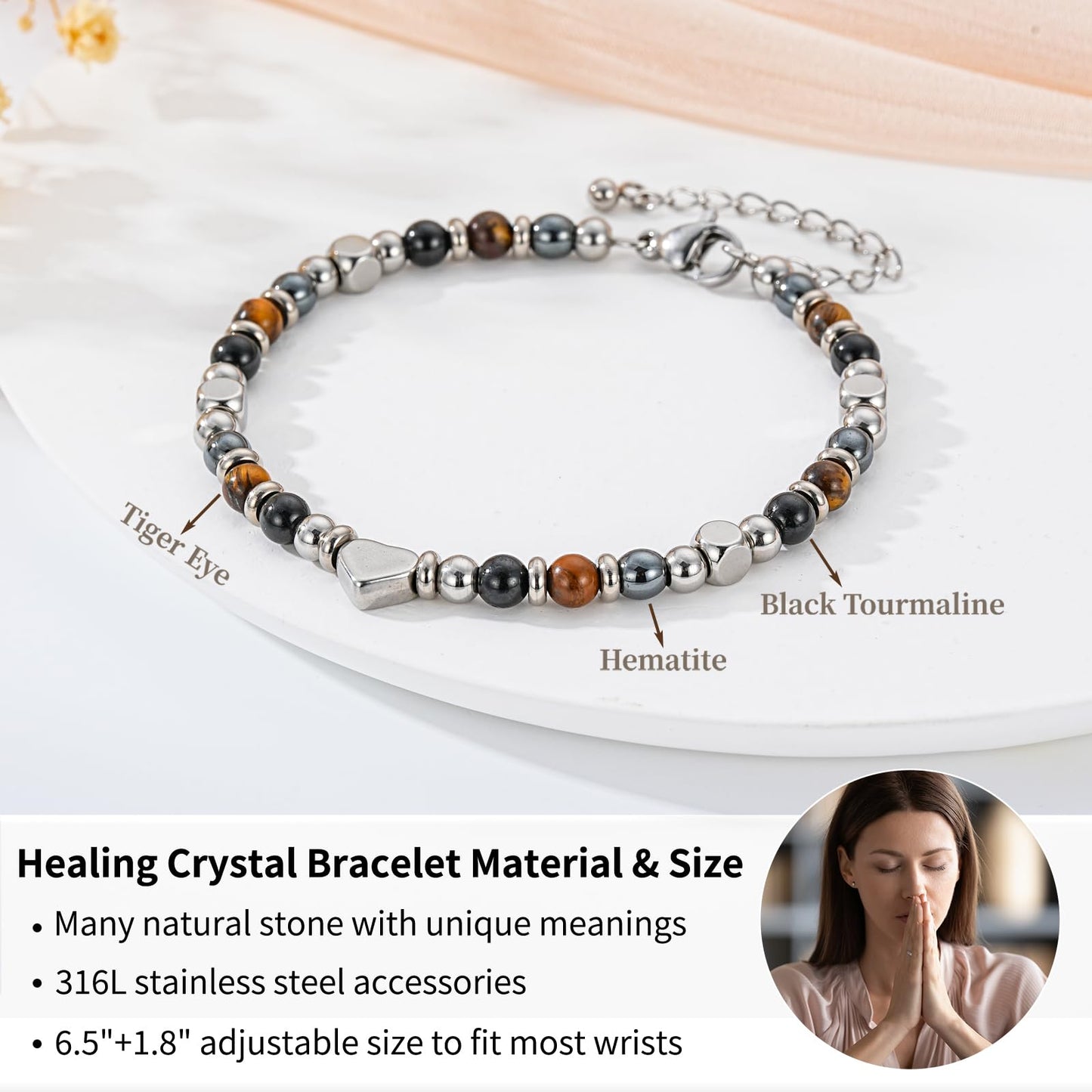 Pavkki Triple Protection Bracelet for Women Gifts Energy Hematite Black Tourmaline Tigers Eye Bead Crystal Healing Jewelry Natural Stones