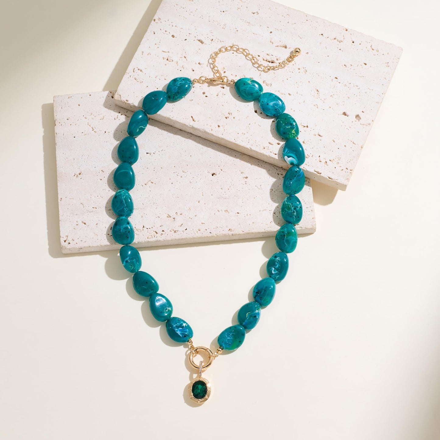Boho Chunky Green Resin Beaded Necklace for Women, 14K Gold Plated Statement Necklace with Oval Emerald Cubic Zirconia Pendant, Vintage Layered Choker Necklaces for Wedding Prom Party Jewelry Gifts