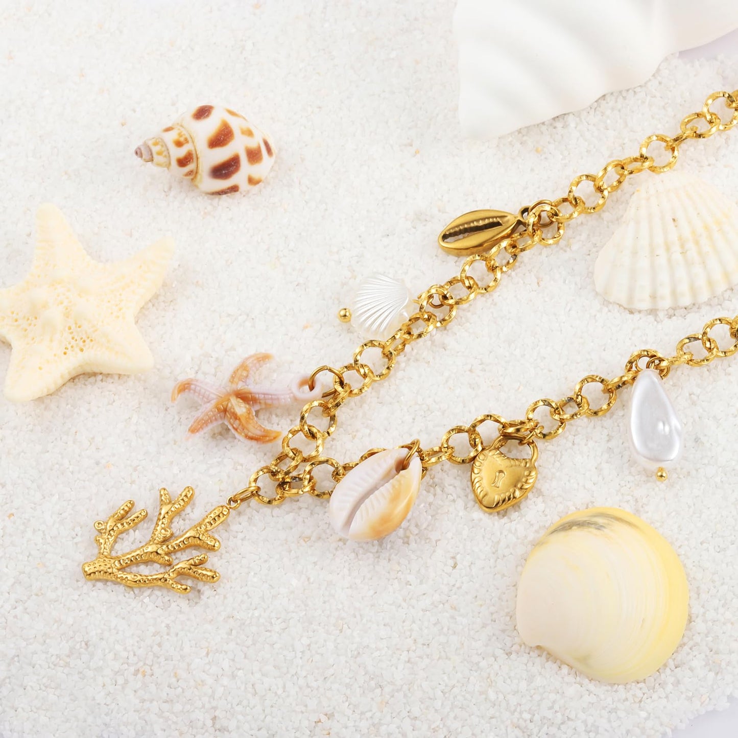 LCTrusttmor Gahna Coral Necklace for Women, 18K Gold Plated Pearl Heart Shell Starfish Charm with Adjustable Choker Necklaces for Women, Summer Beach Jewelry Gifts