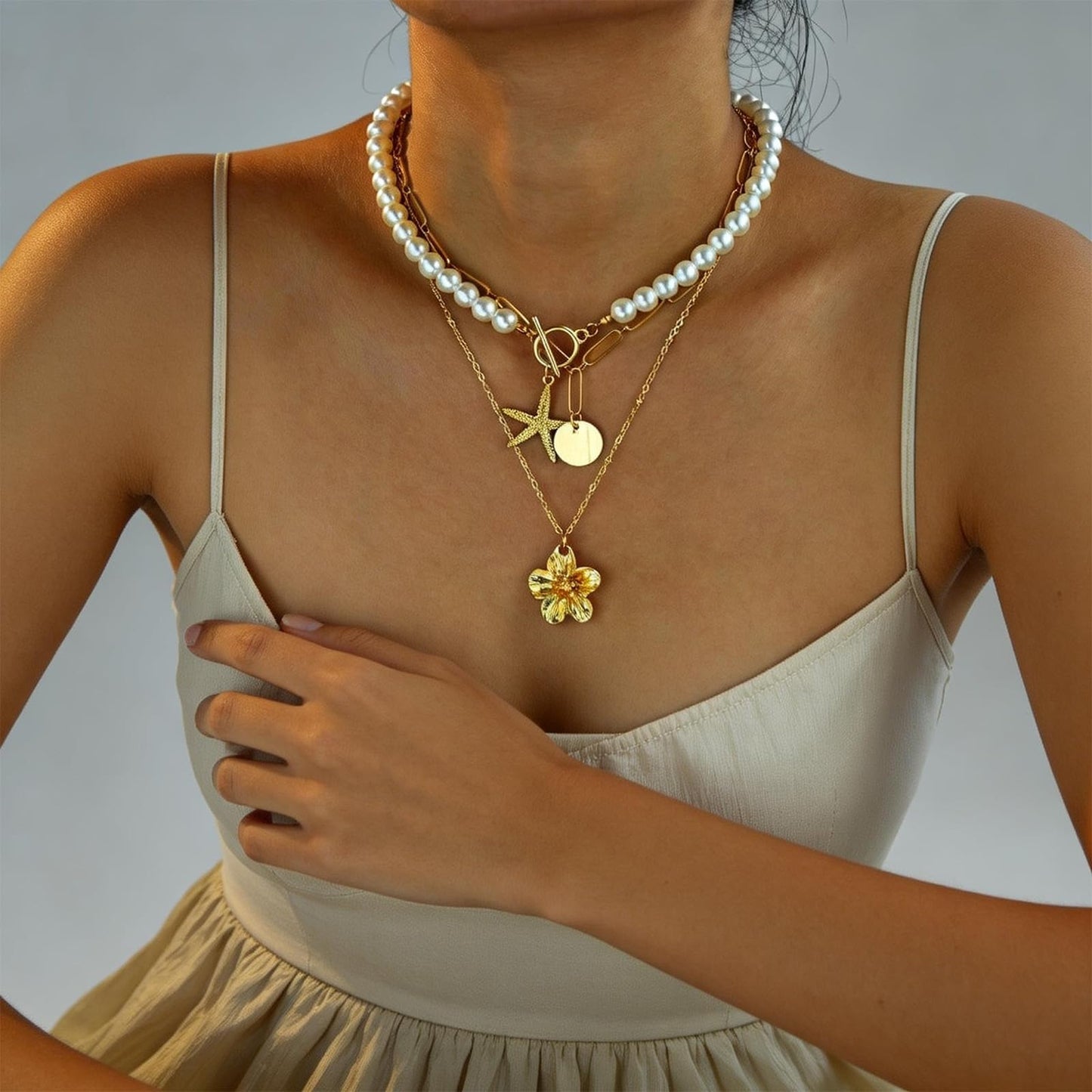 Starfish Shell Flower Necklace - Beach Jewelry for Women, Gold Coastal Charm Set, Boho Vacation Necklace, Summer Seashell Accessory