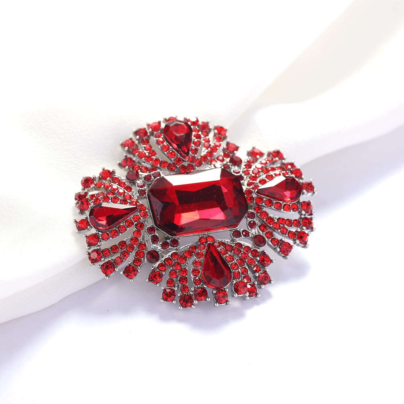 YOQUCOL Vintage Red Austrian Crystal Rhinestone Cross Flowers Shaped Brooch Pin Elegant Jewelry For Women