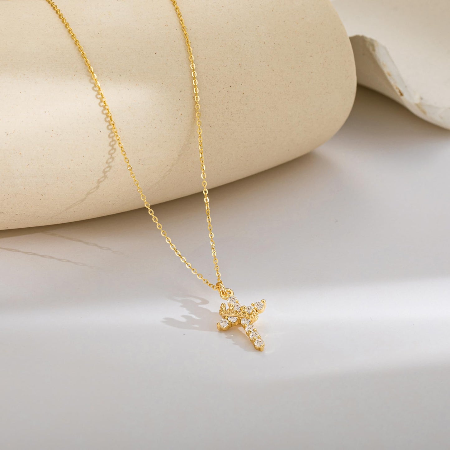 Robaice Gold Plated Sterling Silver Cross Necklace for Women, Crown Cross Pendant Necklace Cross Necklaces Faith Jewelry First Communion Necklace, Gold