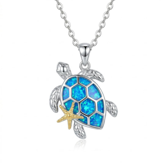 HKPATOP Sea Turtle Necklace 925 Sterling Silver Blue Opal Starfish Pendant Necklace Beach Ocean Turtle Jewelry Gift for Women