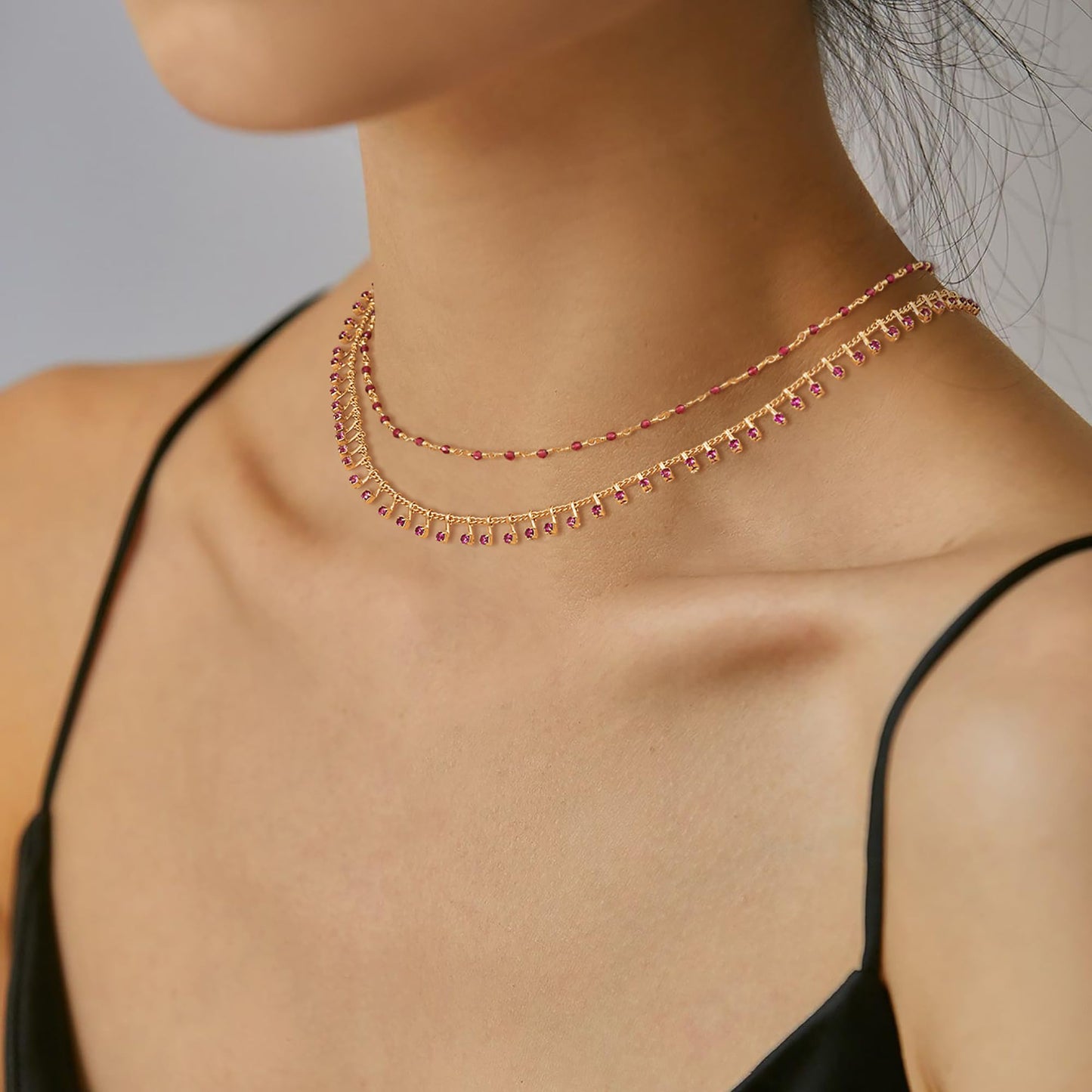 MTMY Beaded Necklace for Women 14K Gold Plated Dainty Colorful Beaded Pearl Choker Necklace Delicate Boho Choker Necklace Jewelry Gift (Crystal-rose)