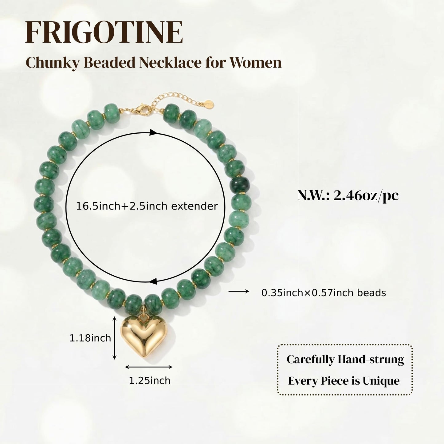 Frigotine Chunky Heart Necklace for Women, Green Acrylic Resin Beaded Choker with Gold Puffy Heart Pendant, Trendy Statement Jewelry Gift