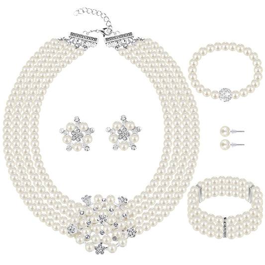Glenmal Pearl Rhinestone Jewelry Set for Women Pearl Necklace Bracelet Earrings for Wedding Birthday Bridal Shower Tea Party (Vivid Style)