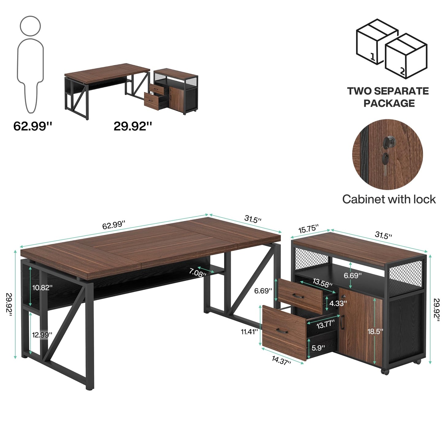 Tribesigns Office Desk with Drawers Sets, 63 inches L Shaped Computer Desk with Mobile File Cabinet,Big Executive Desk for Home Office Furniture Sets (Dark Brown, 63-inch)