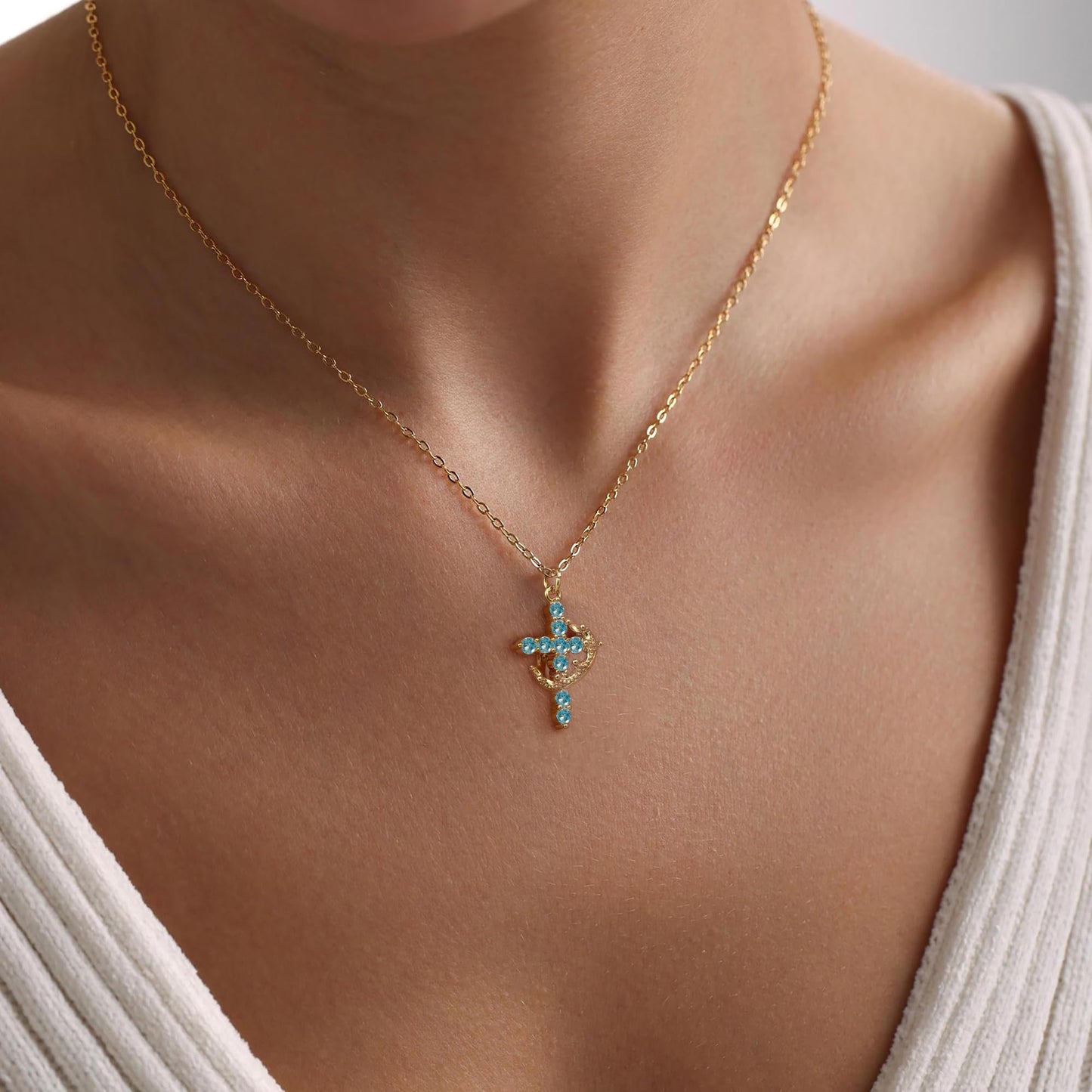 Robaice Birthstone Crown Cross Necklace for Women, Gold-Plated Christian Faith Necklace, Cross Jewelry Gift for Women, March Blue Aquamarine Gift
