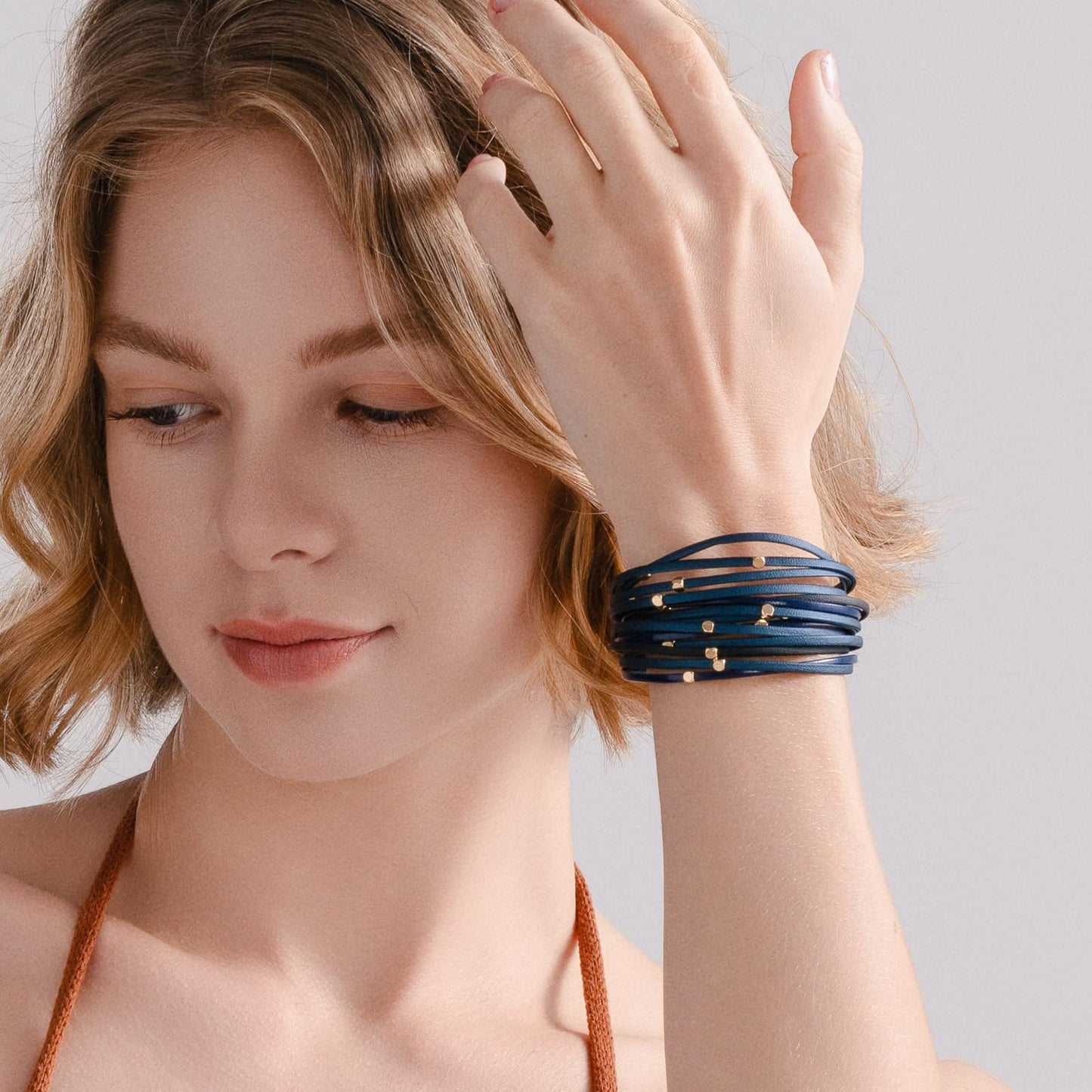 FANCY SHINY Beaded Leather Wrap Bracelets Cute Boho Stackable Bangle Cuff with Magnetic Clasp Layered Trendy Jewelry for Women(Navy Blue)