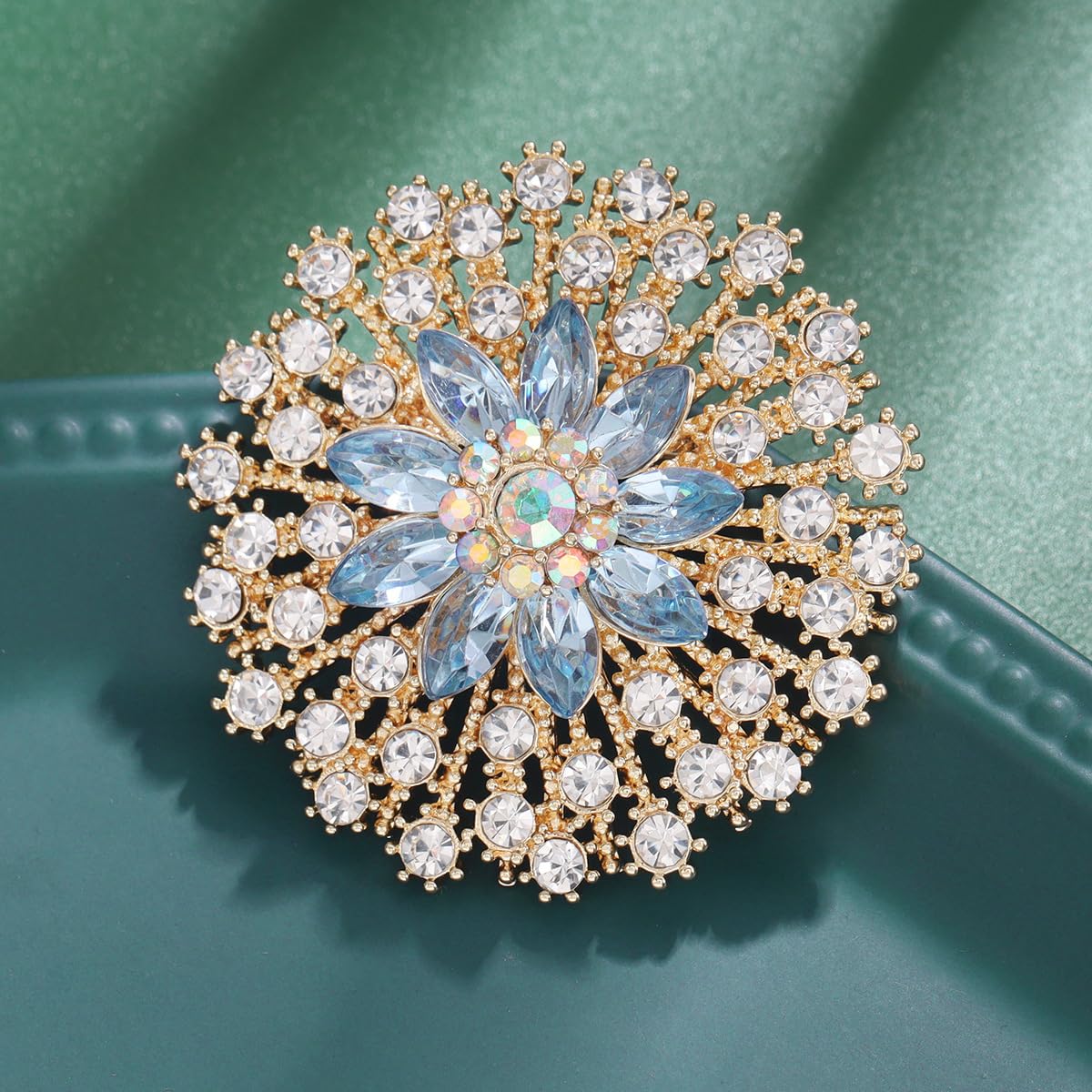 Rhinestone Crystal Flower Brooch Pin Sparkling Large Crystal Sunflower Brooch Vintage Floral Lapel Pins Rhinestone Flower Bouquet Broochs Rose Snowflake Broochs Wedding Bridal Dress Jewelry for Women (Gold)