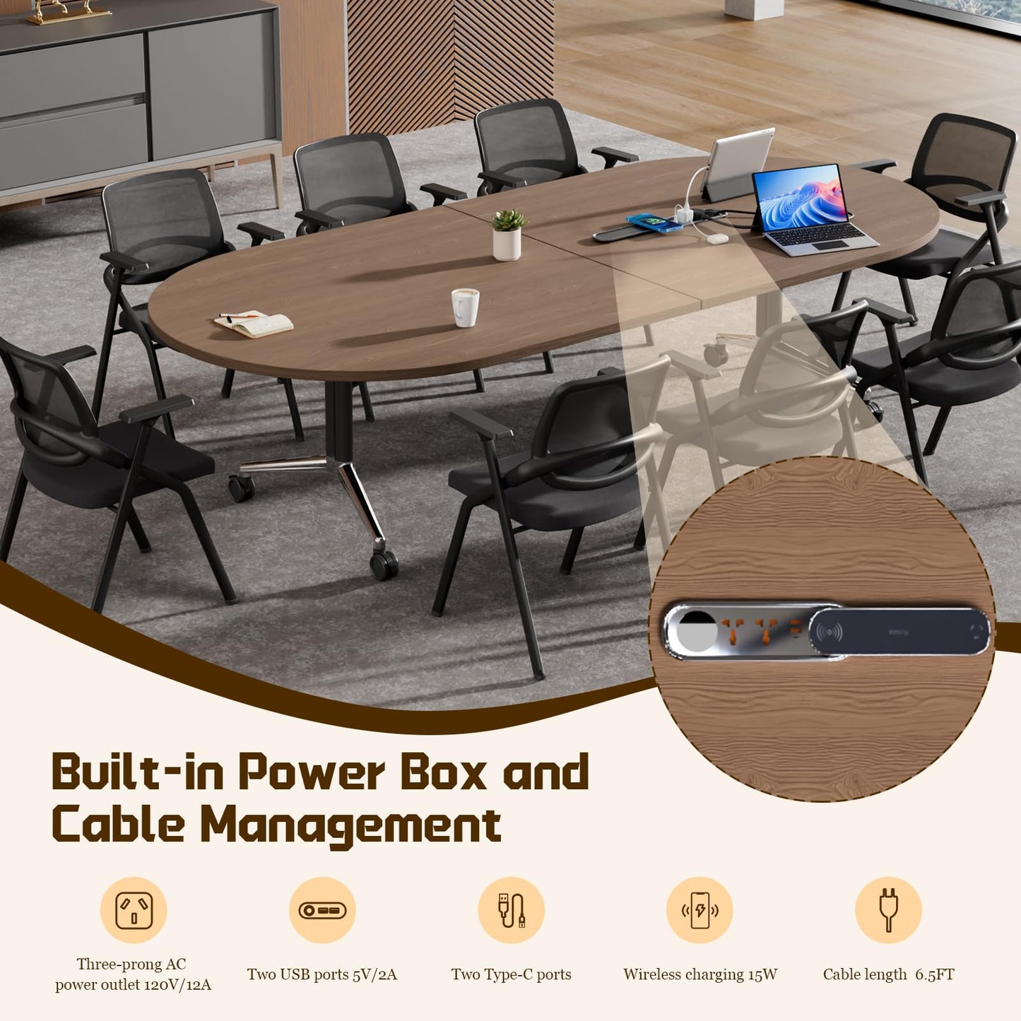 8 FT Large Folding Conference Table, Oval Training Seminar Tables for 8-10 People,Built-in Wireless Charger and Power Box,Metal Legs Rolling Training Table for Office (1, Walnut, 94.5"L×47.2"W×29.5"H)