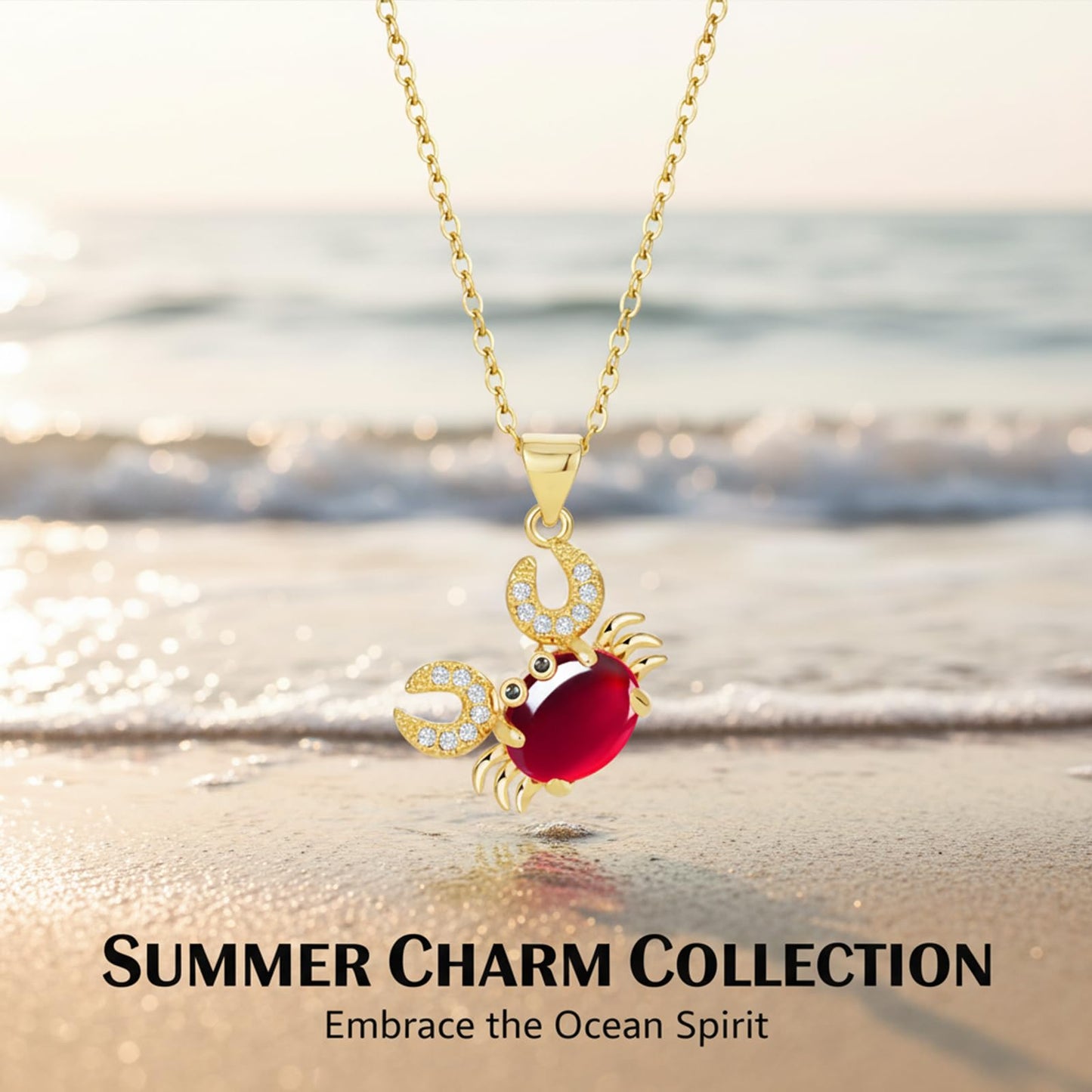 AUMRET Cute Crab Ruby July Birthstone Beachy Necklace - Gold Plated Stainless Steel - Women's Gift for Birthday, Valentine's Day, Mother's Day, Christmas