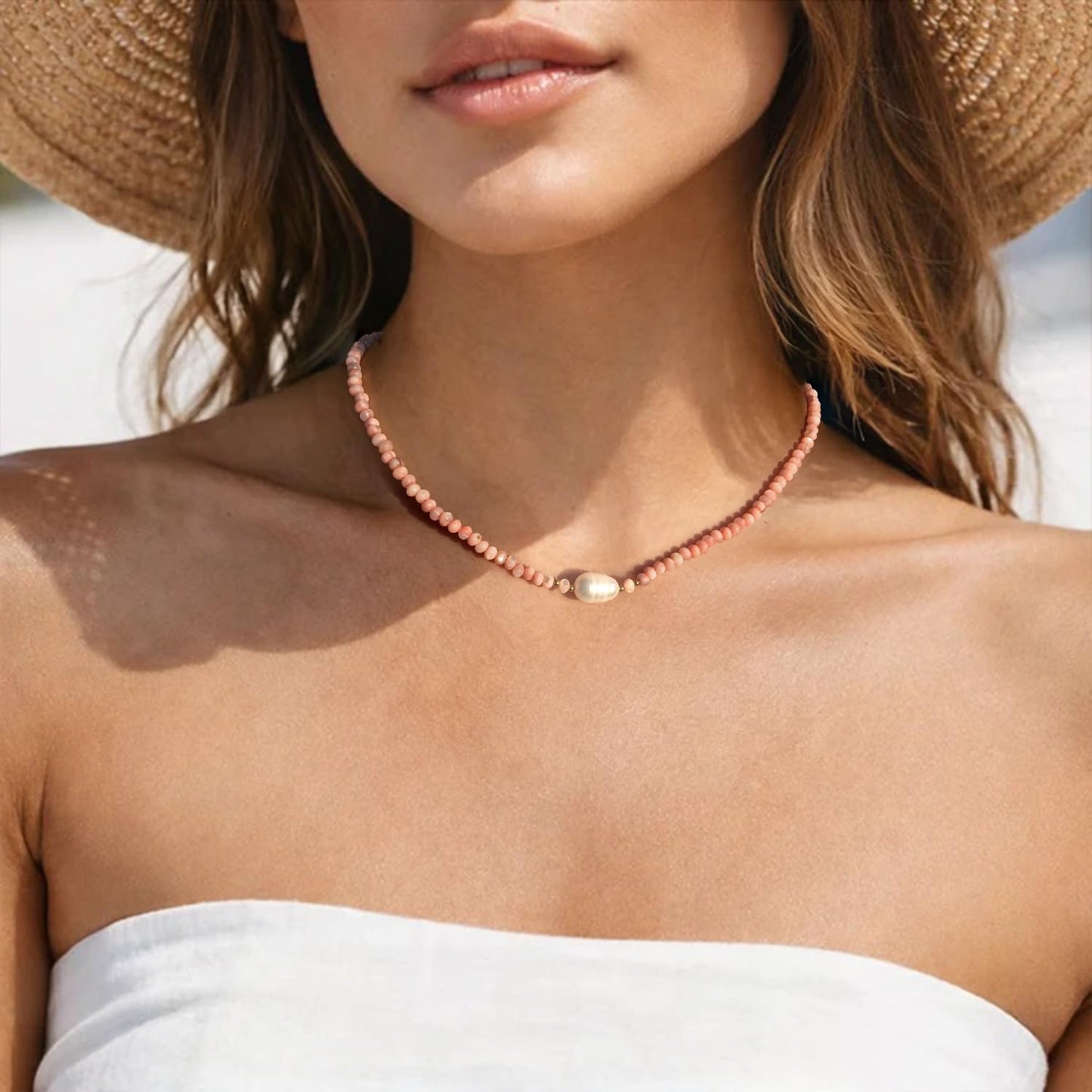 ERNAULO Beaded Necklaces for Women Seashell Beach Necklace with Freshwater Pearl 14K Gold Plated Boho Summer Handmade Jewelry CK-Seashell-pink