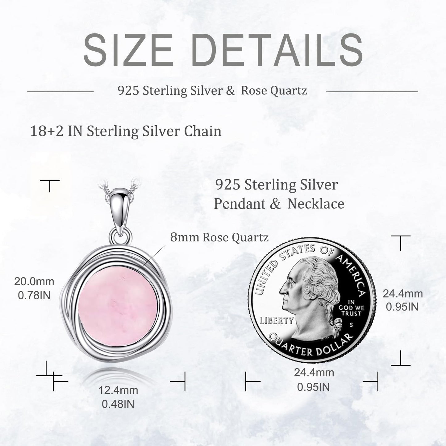 POPLYKE Rose Quartz Necklace for Women - 925 Sterling Silver Pendant, 8mm Jewelry