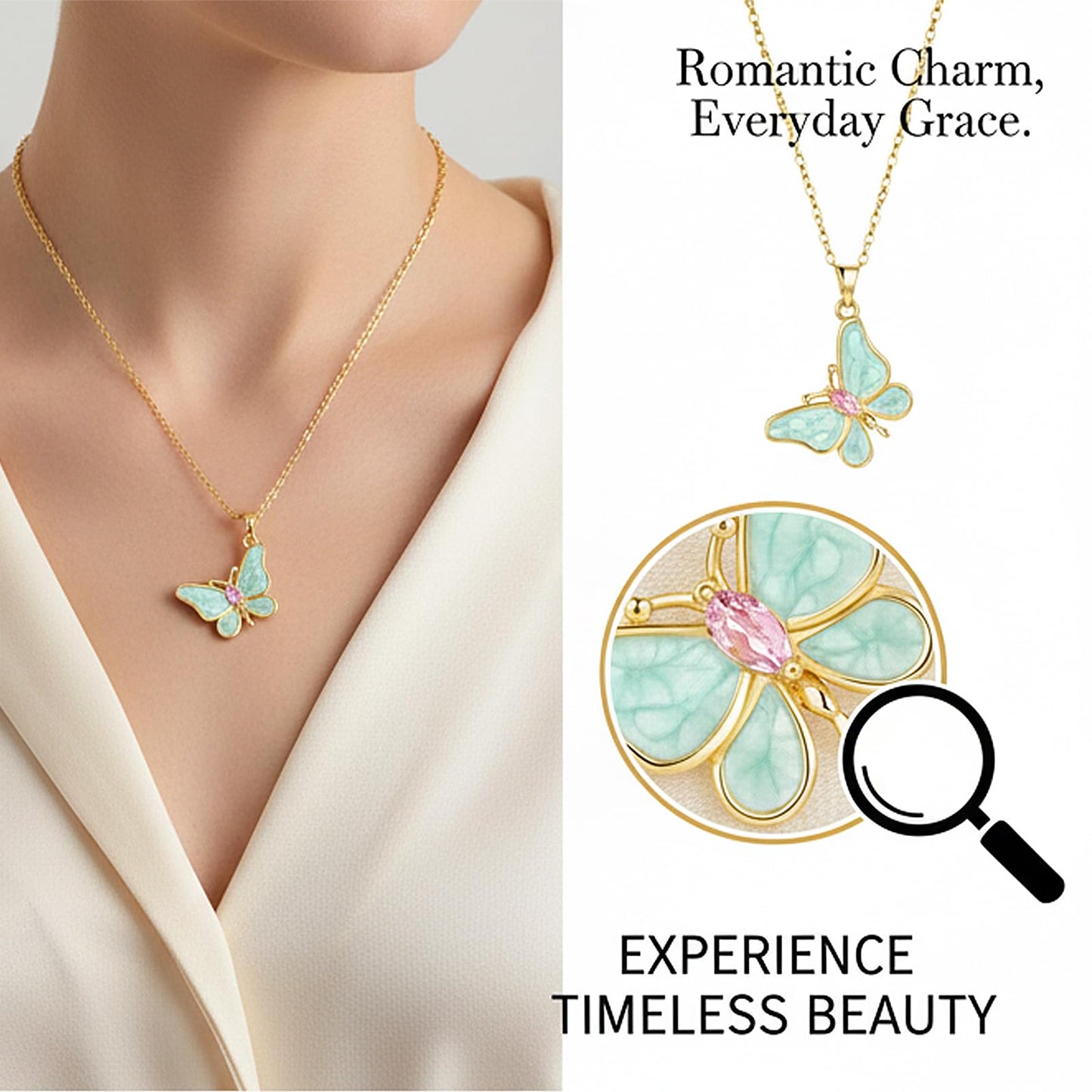 AUMRET Mint Green Enamel Lepidolite Butterfly Necklace For Women-Gold Plated Rose Quartz October Birthstone Necklace For Valentine's Day Mother's Day Christams Birthday Gifts