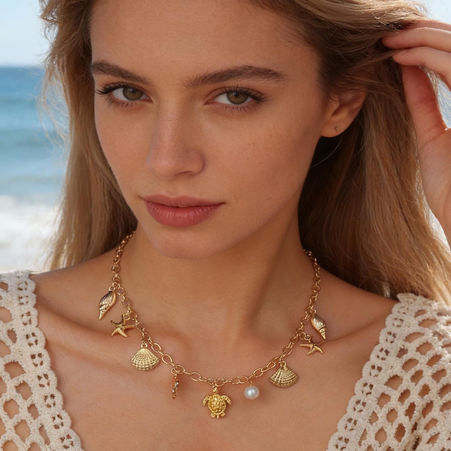Seashell Charm Necklace for Women, Gold Starfish Beach Jewelry Coastal Vacation Outfits Accessories Summer Dresses Trendy 2026