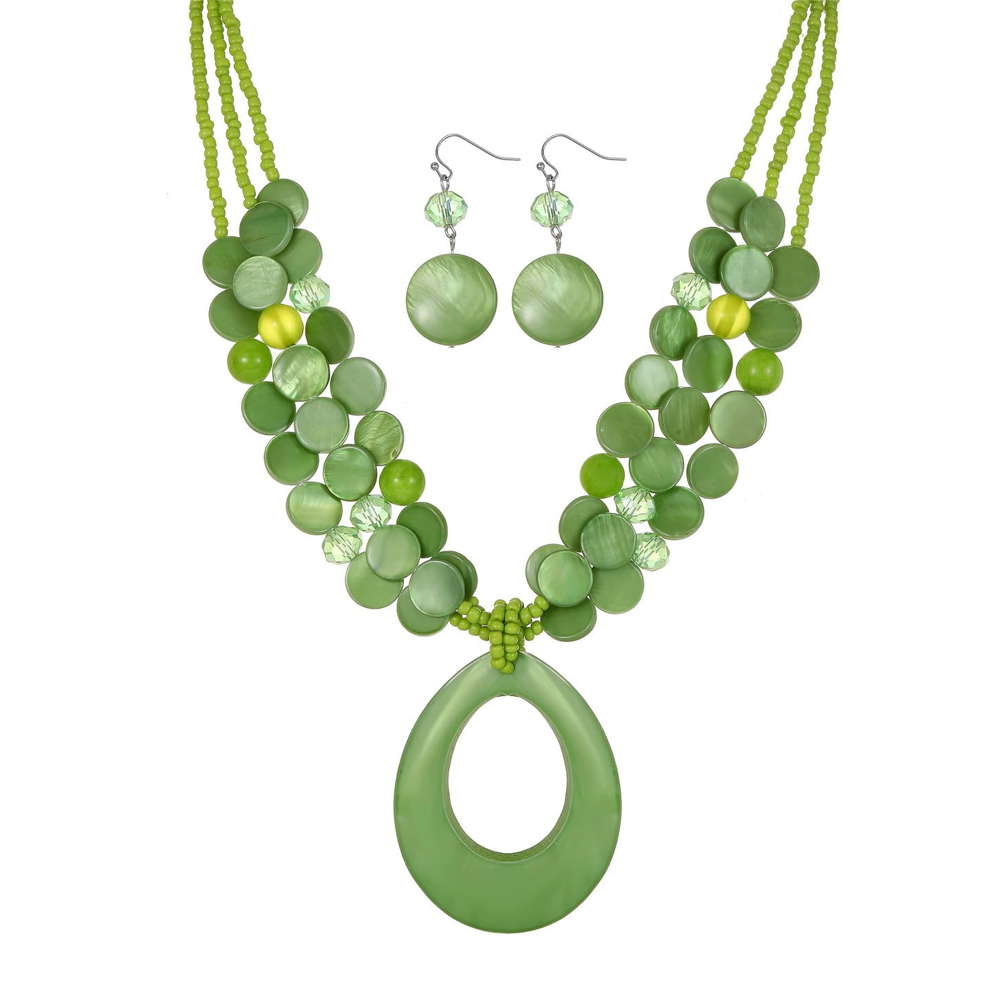 Aenu Multi-Strand Beaded Necklace with Teardrop Pendant Colorful Beads Statement Jewelry Set for Women (Green)