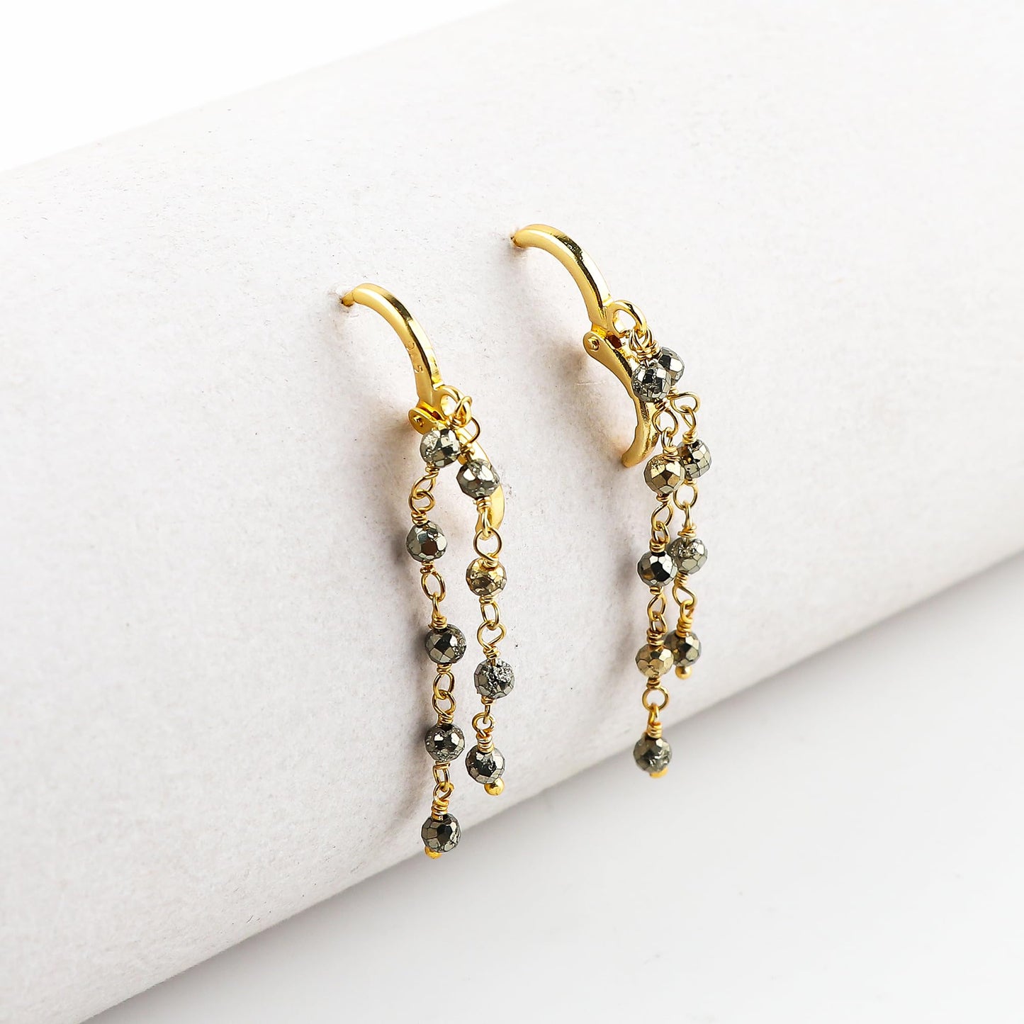 CRYSTALINES (3pcs) Natural Pyrite Gemstone Cluster Jewelry Combo Set, 14K Gold Plated, Crystals Beads Rosary Chain, Handmade Bohemian Jewelry - Bracelets, Necklace, Earrings for Women