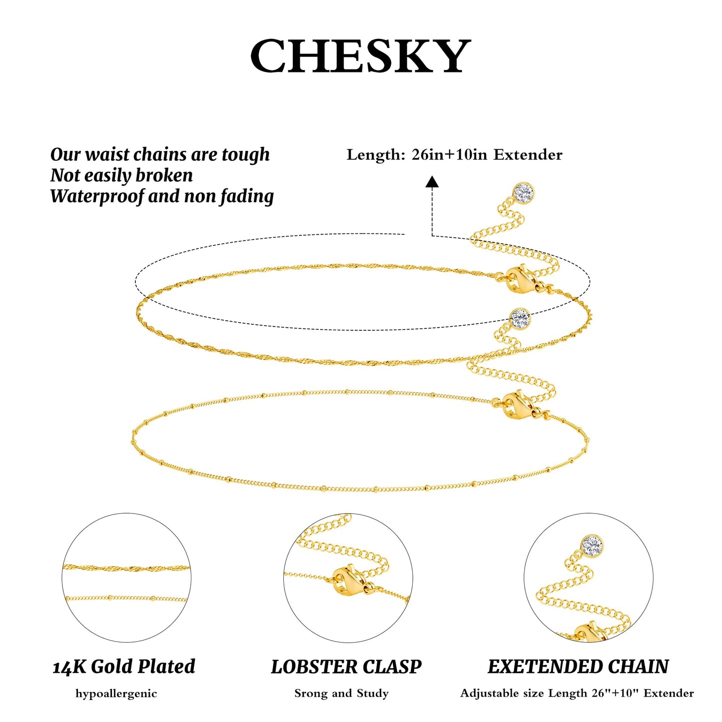 CHESKY Waist Beads for Women, Dainty 14k Gold Plated Waist Chain Gold Chain Belt for Womens Simple Body Chain Jewelry for Womens Belly Chain Belt Accessories Gold Jewelry for Women Gifts
