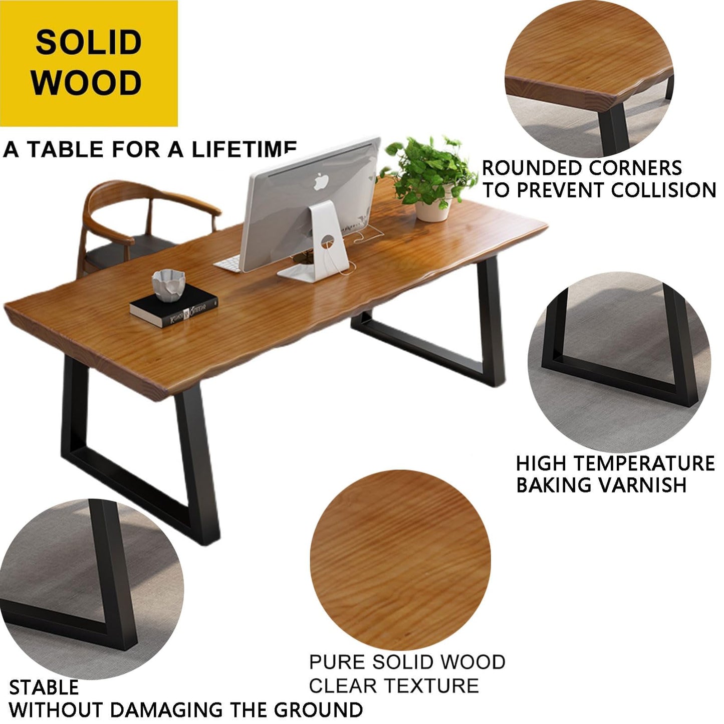 tiedingdingjiaju Modern Solid Wood Executive Desk – Spacious and Minimalist Home Office Workstation Perfect for Writing and Professional Use (Light Brown, 55.12)