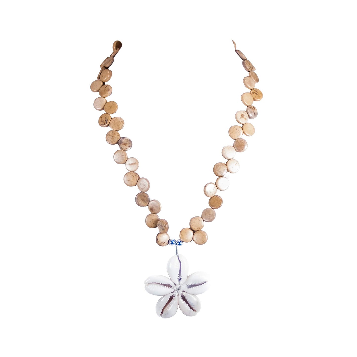 BlueRica Cowrie Shells Flower on Tan Coconut Shell Disc Beads Necklace