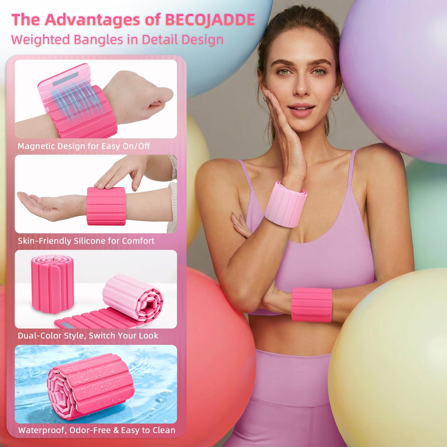 BECOJADDE Wrist Weights Ankle Weights for Women 1 Pair (2.2 lb Each) Silicone Magnetic Leg Arm Weighted Bracelet for Home Yoga Pilates Gym Workout Walking Jogging, Pink Blush