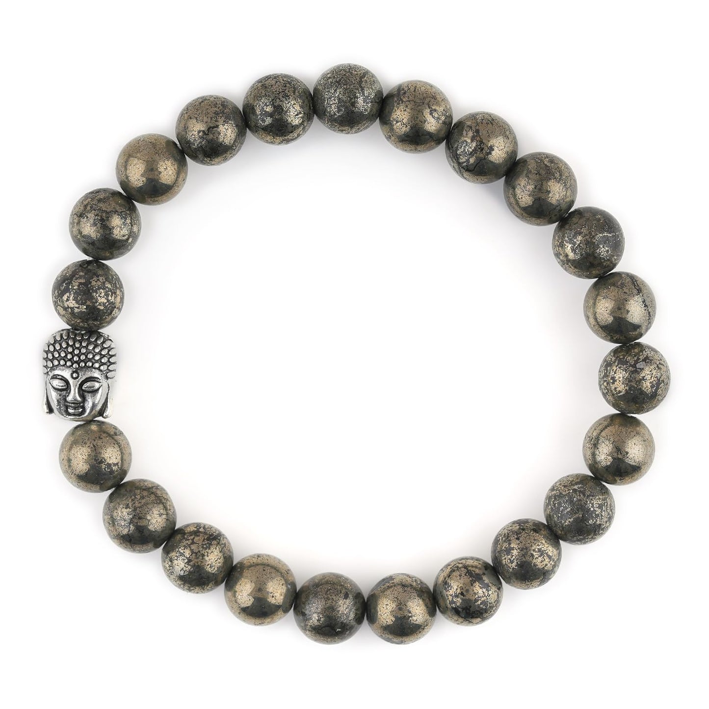 CRYSTALINES Buddha Charm Stretchable Braceclet, Natural Pyrite Gemstone Beads, Plain Round Stones, Handmade Boho Strech Bracelet, Adjustable Spiritual Healing Crystal Unisex Jewelry Gift