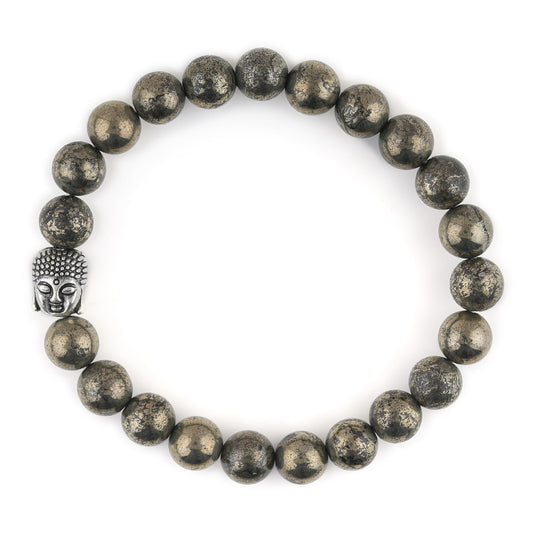CRYSTALINES Buddha Charm Stretchable Braceclet, Natural Pyrite Gemstone Beads, Plain Round Stones, Handmade Boho Strech Bracelet, Adjustable Spiritual Healing Crystal Unisex Jewelry Gift