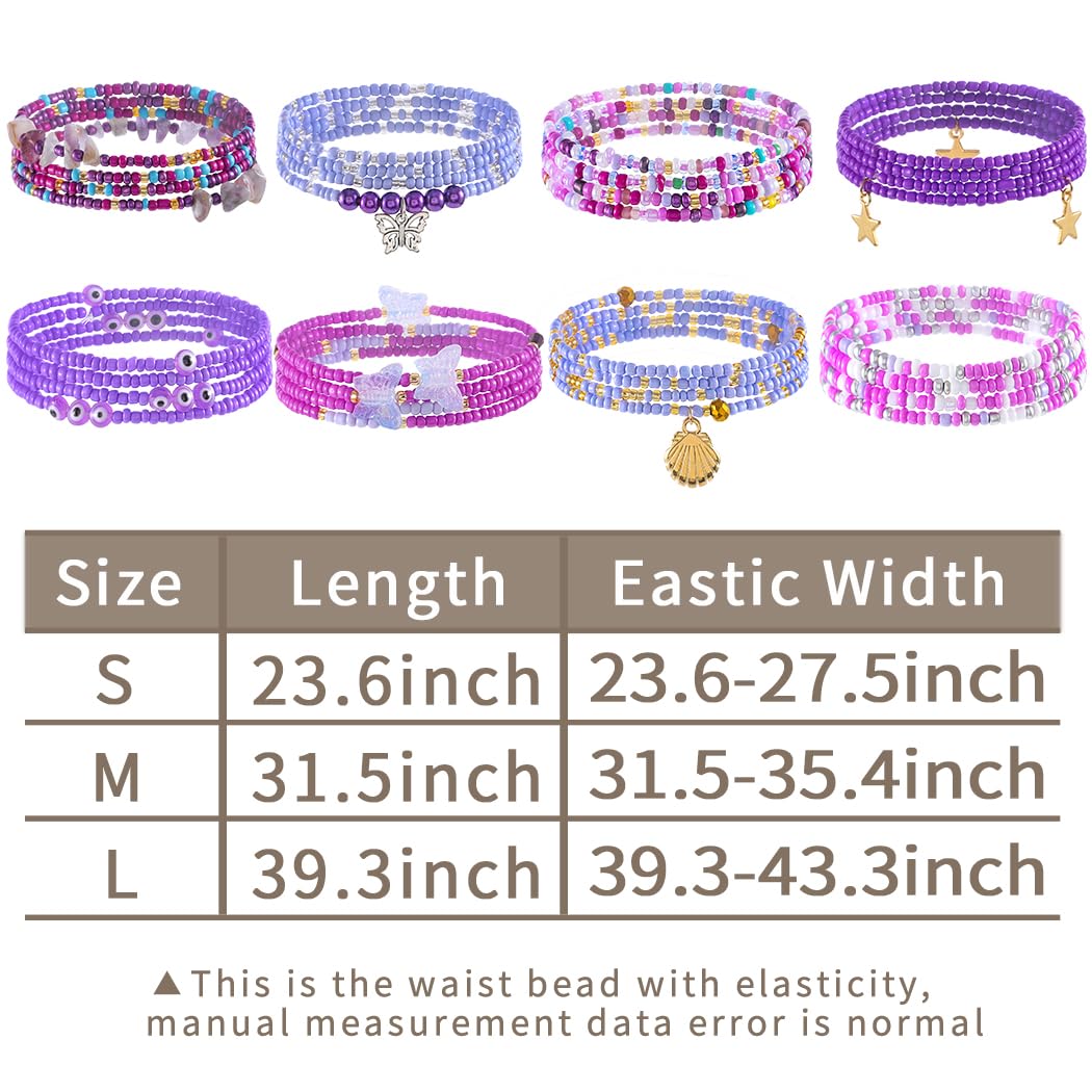 ELABEST 24-39inch African Waist Beads for Women 8Pcs Elastic Belly Beads Colorful Beaded Waist Jewelry Accessories Body Chain (Purple, 23.6inch/60cm)
