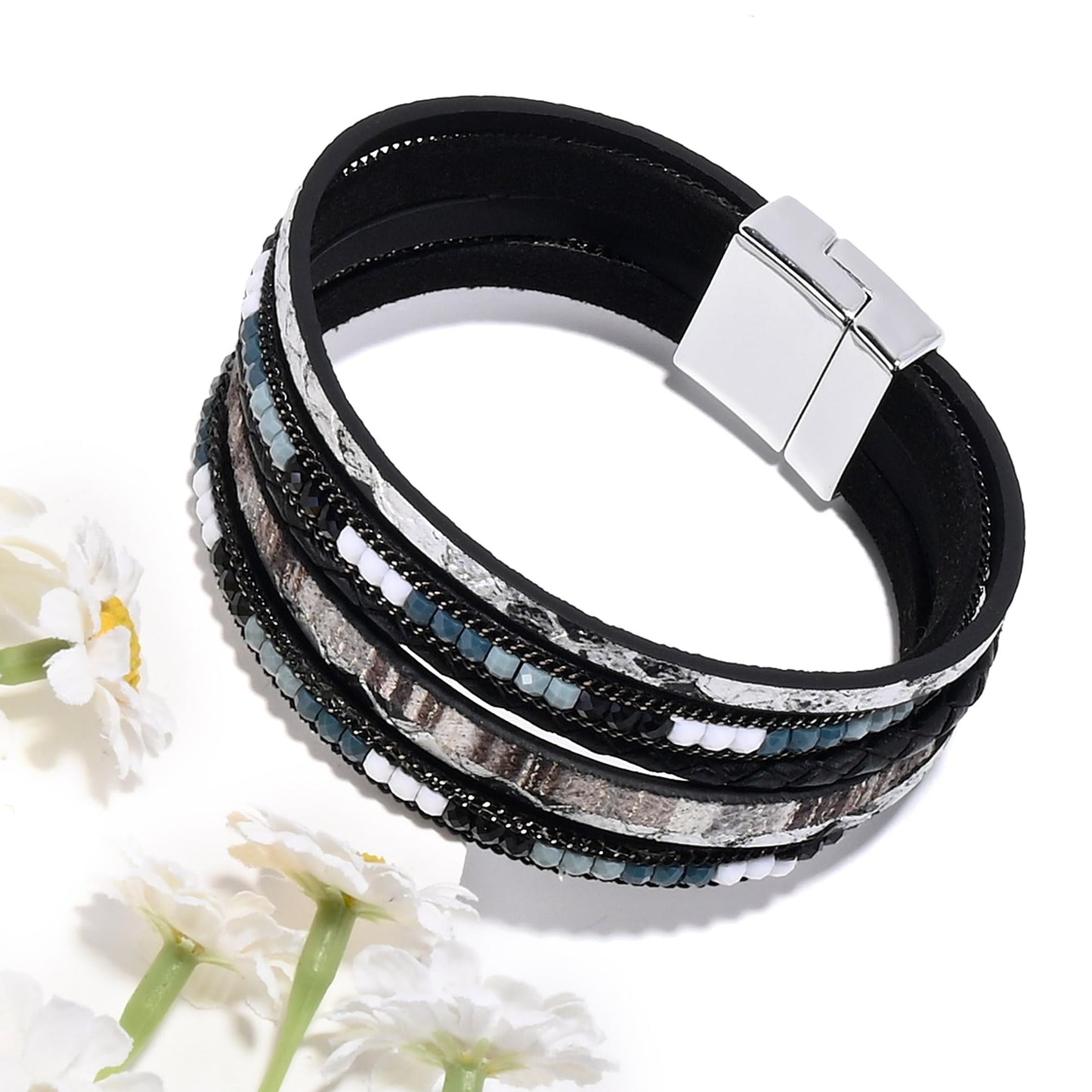 VIBILIA Boho Leather Wrap Bracelets for Women Trendy Layered Multi-Layer Bracelets with Strong Clasp Jewelry for Women-Black