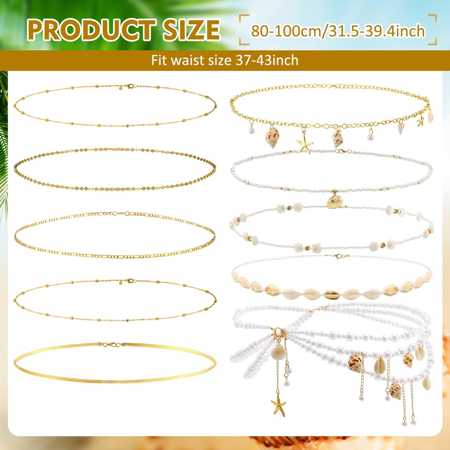 Lenwen 10 Pcs Boho Natural Starfish Shell Belly Chain for Women Summer Beach Seashell Waist Chain Multi Layered Body Pendant Jewelry for Summer Beach Vacation Bikini Jewelry Accessories