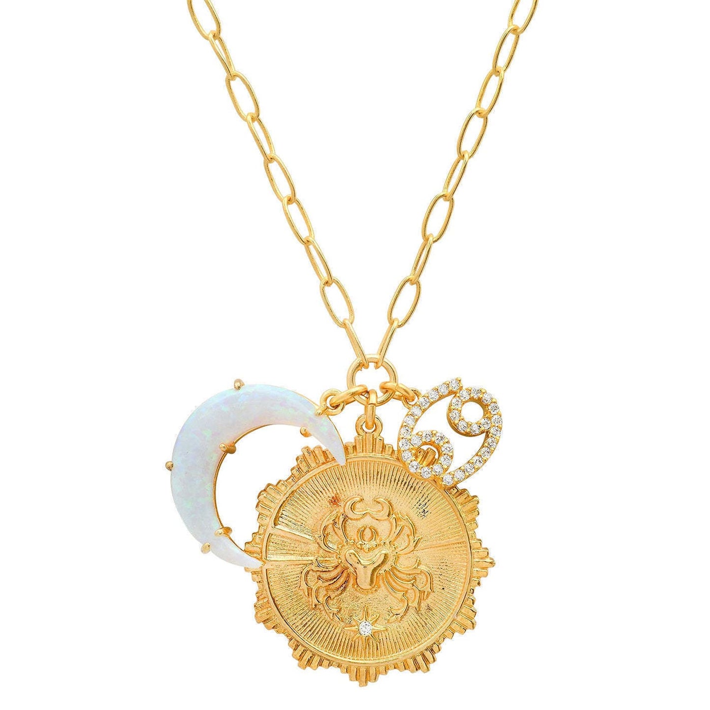 Lanadale Dainty Gold Cancer Zodiac Coin Opal Crescent Moon Charm Necklace for Women Trendy 18K Gold Plated Retro Paperclip Chain 12 Constellation Horoscope Necklaces Astrology Jewelry Gifts