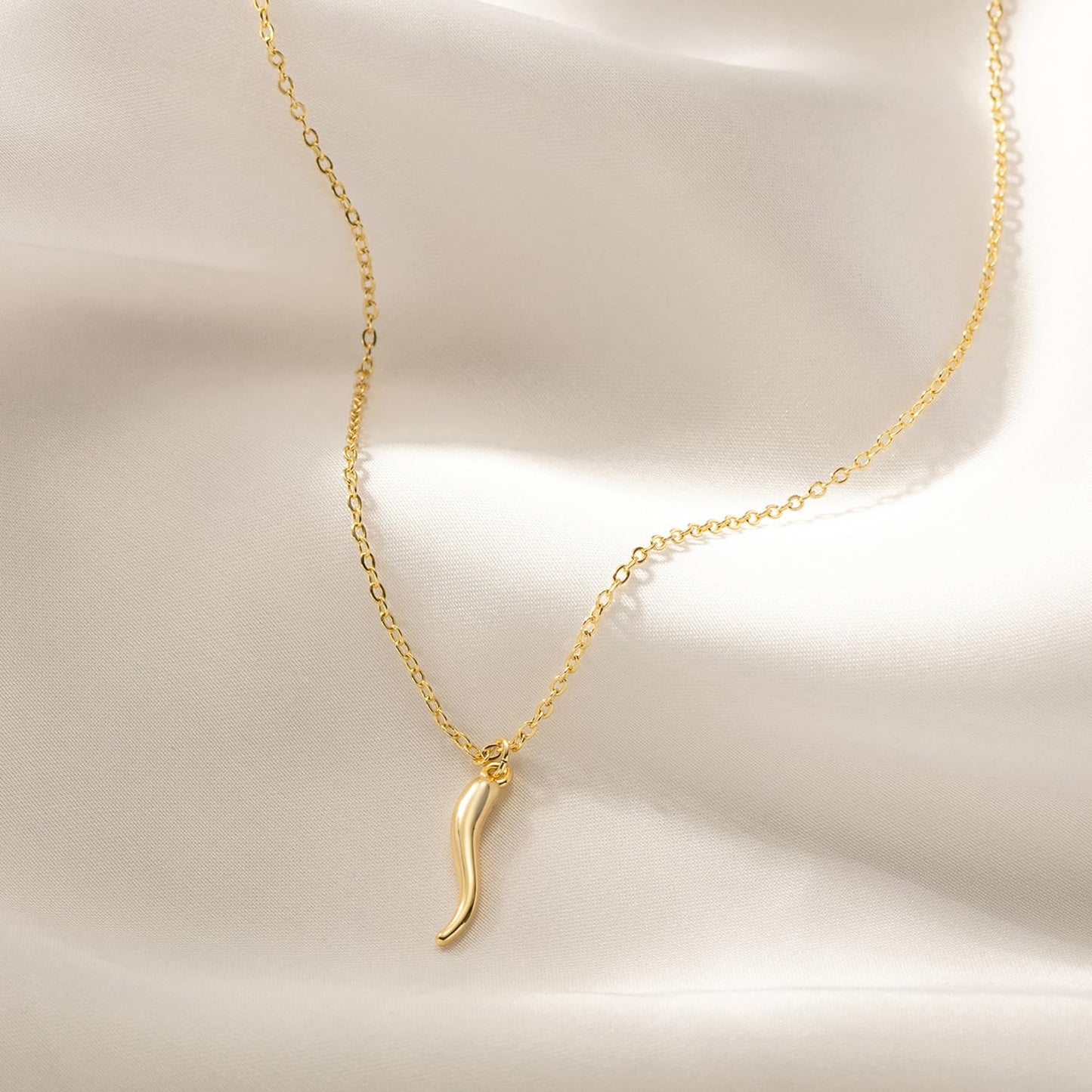 BSGRL Gold Necklace for Women-14K Gold Plated Chilli Italian Horn Dainty Gold Necklace 16.5”+2” ext