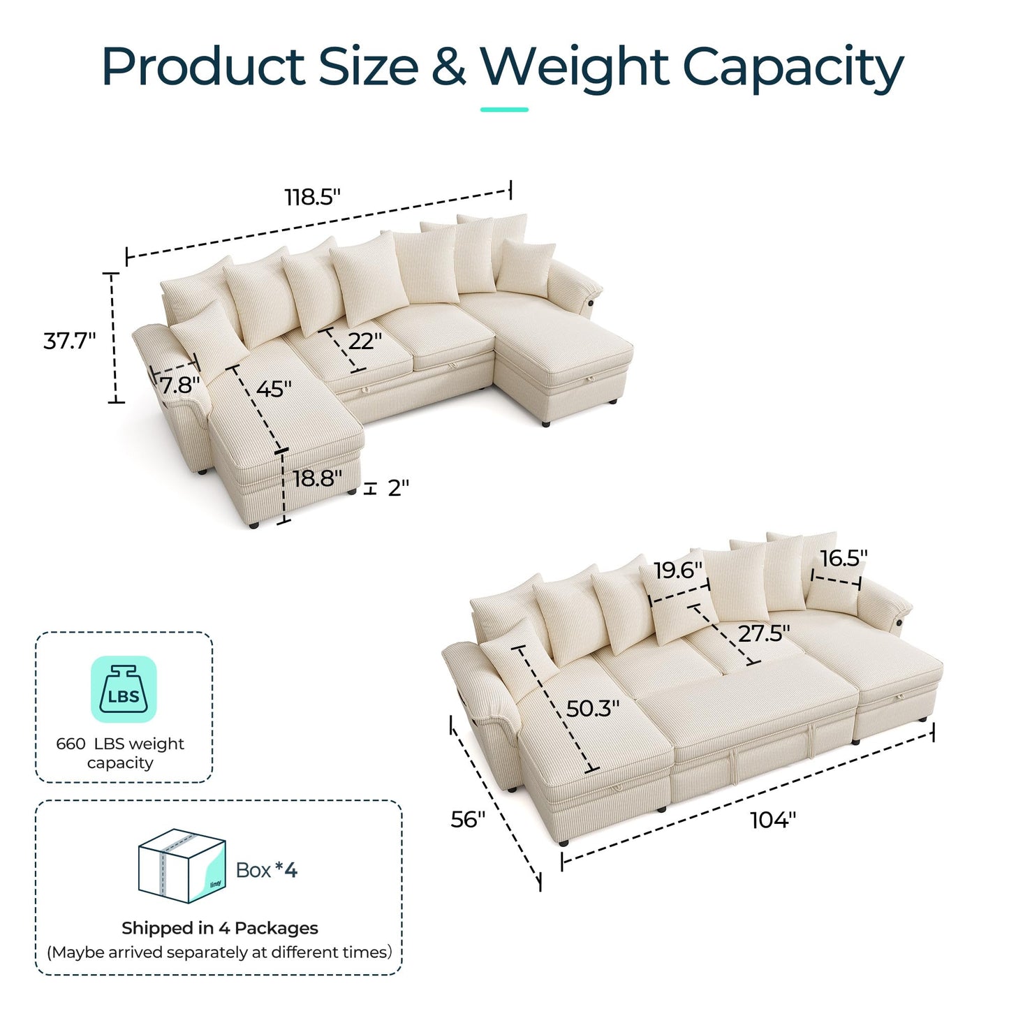 LINSY HOME Oversized Sectional Sleeper Sofa with Pull Out Couch Bed (Beige, 118.5'')