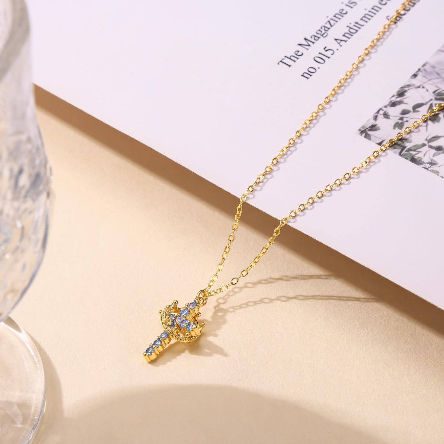 Robaice Birthstone Crown Cross Necklace for Women, Gold-Plated Christian Faith Necklace, Cross Jewelry Gift for Women, December Blue Zircon Gift
