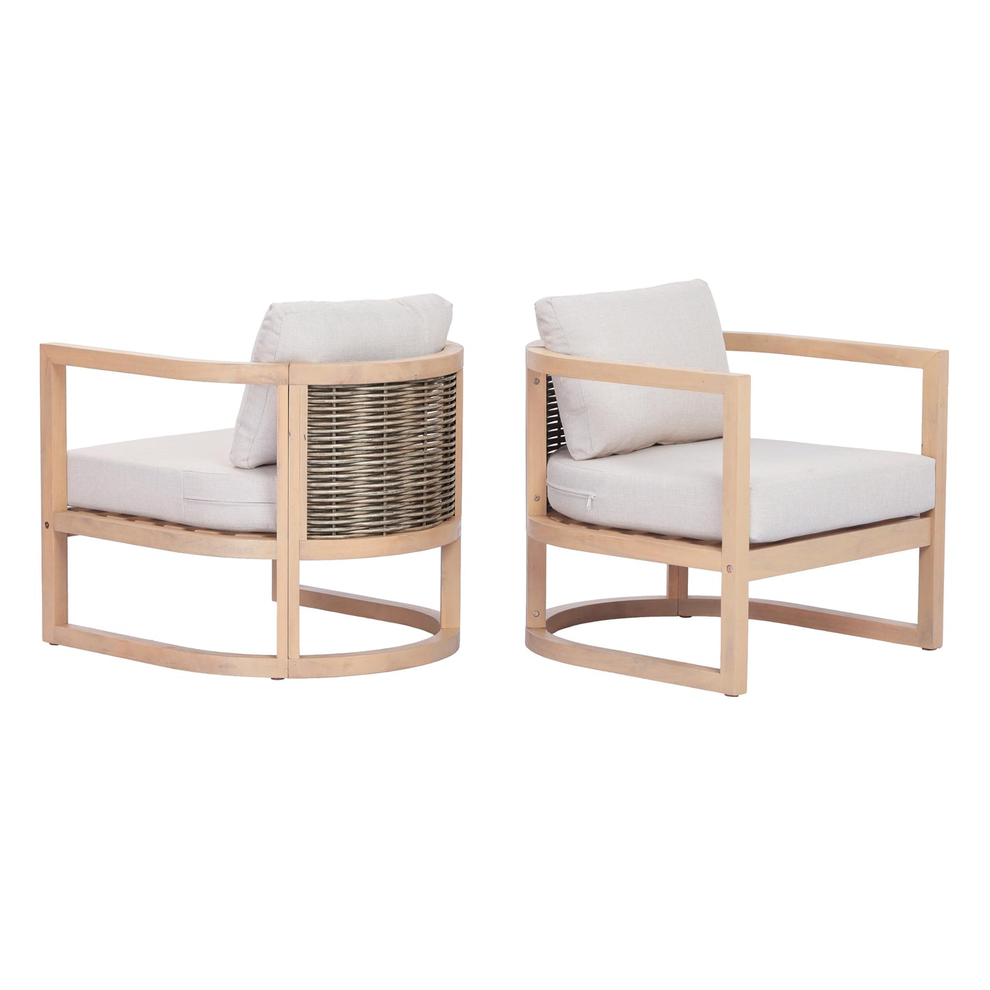 Merax Outdoor Acacia Wood Club Armchair wtih Coushions Set of 2, Patio Sofa Chair with Rattan-Woven Back, Sturdy Base for Porch, Lawn, Backyard, Balcony, Light Teak