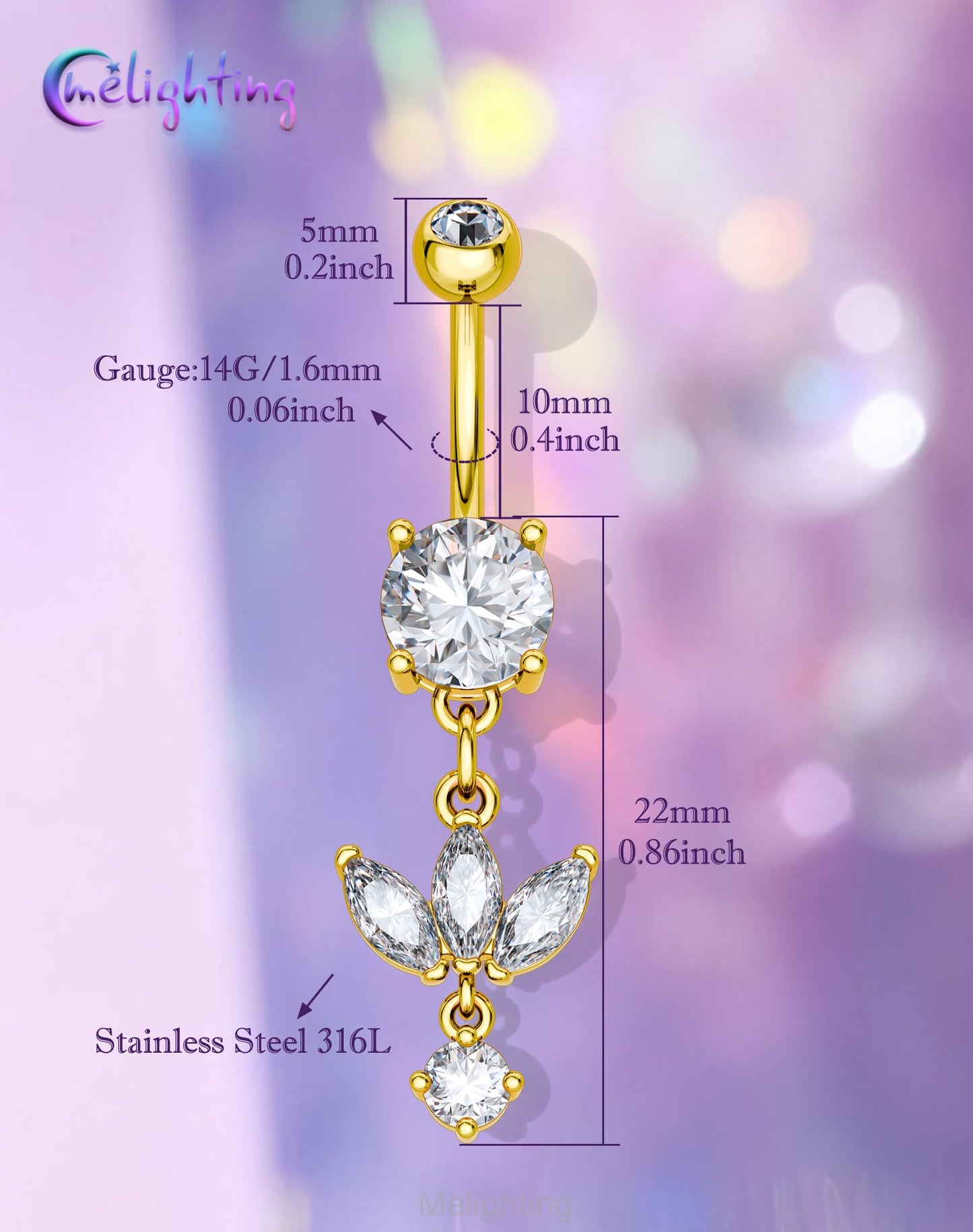 Melighting Minimalist Lotus Belly Button Ring 14G 10mm Navel Ring with Three Marquise CZ Petals and Dangling Round Zircon, 316L Stainless Steel Belly Piercing Jewelry in Gold