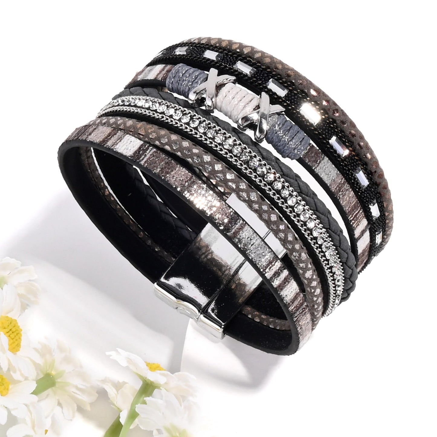 VIBILIA Boho Leather Wrap Bracelets for Women Trendy Layered Multi-Layer Boho Bracelets with Strong Clasp Jewelry for Women-Black