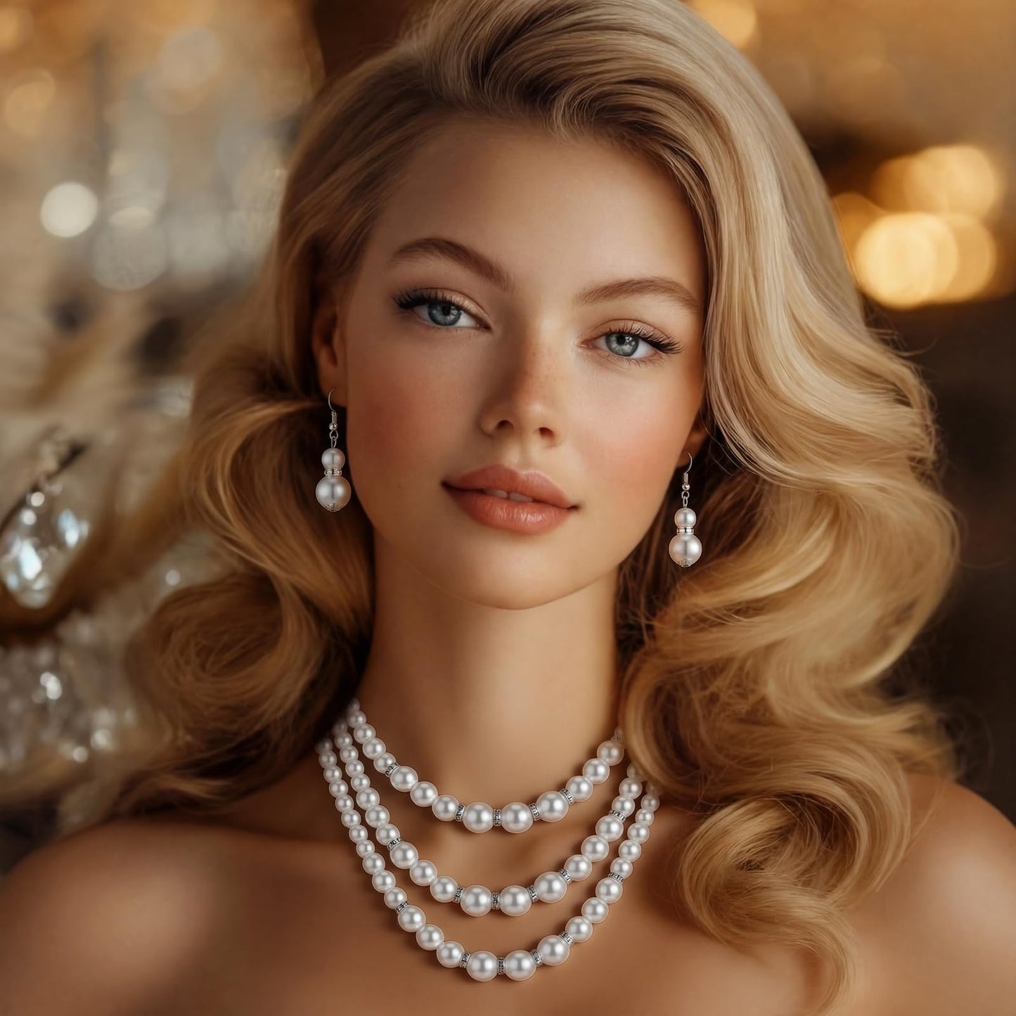 Glenmal Pearl Rhinestone Jewelry Set for Women Pearl Necklace Bracelet Earrings for Wedding Birthday Bridal Shower Tea Party(5 Pcs,Classy Style)