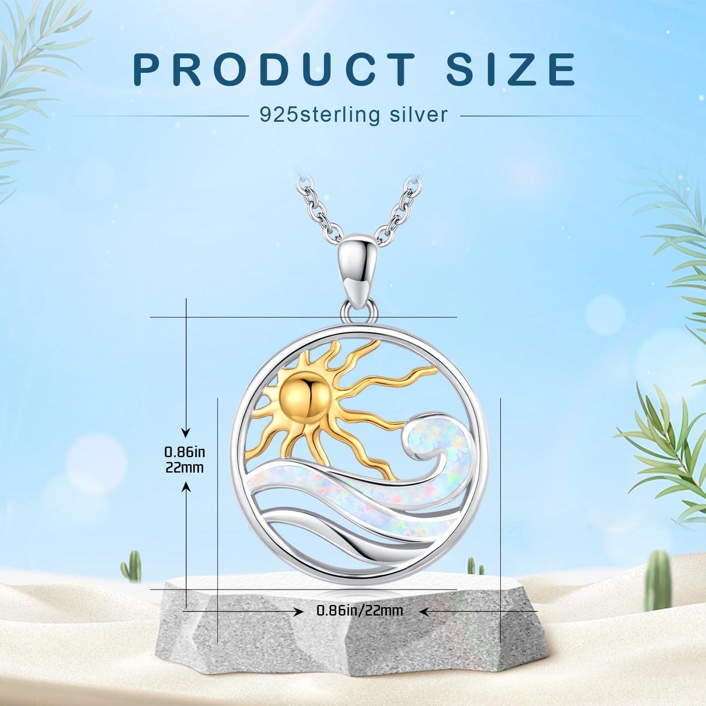 Midir&Etain Wave Necklace 925 Sterling Silver Ocean Wave Sun Pendant Necklace Beachy Sea Pendant Ocean Wave Sun Jewelry for Women Men