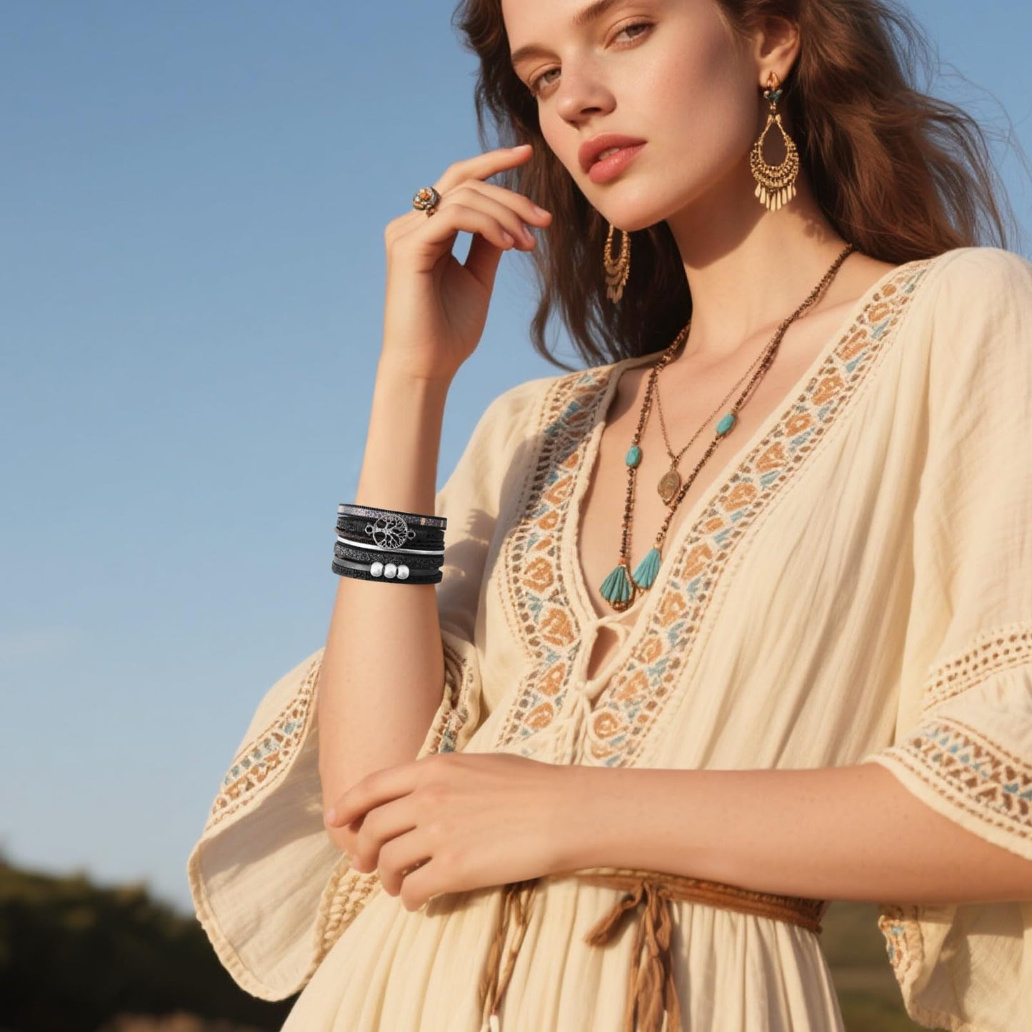VIBILIA Boho Leather Wrap Bracelets for Women Tree of Life Multi-Layer Bracelets with Strong Clasp Jewelry for Women-Black