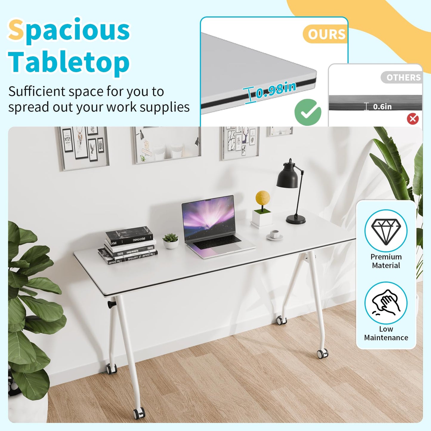 Conference Table with Wheels, Folding Conference Table with Knob & 4 Brake Casters, Modular Flip Top Mobile Conference Room Table for Office, Meeting, Training Room, Class (8, White, 55.1in)