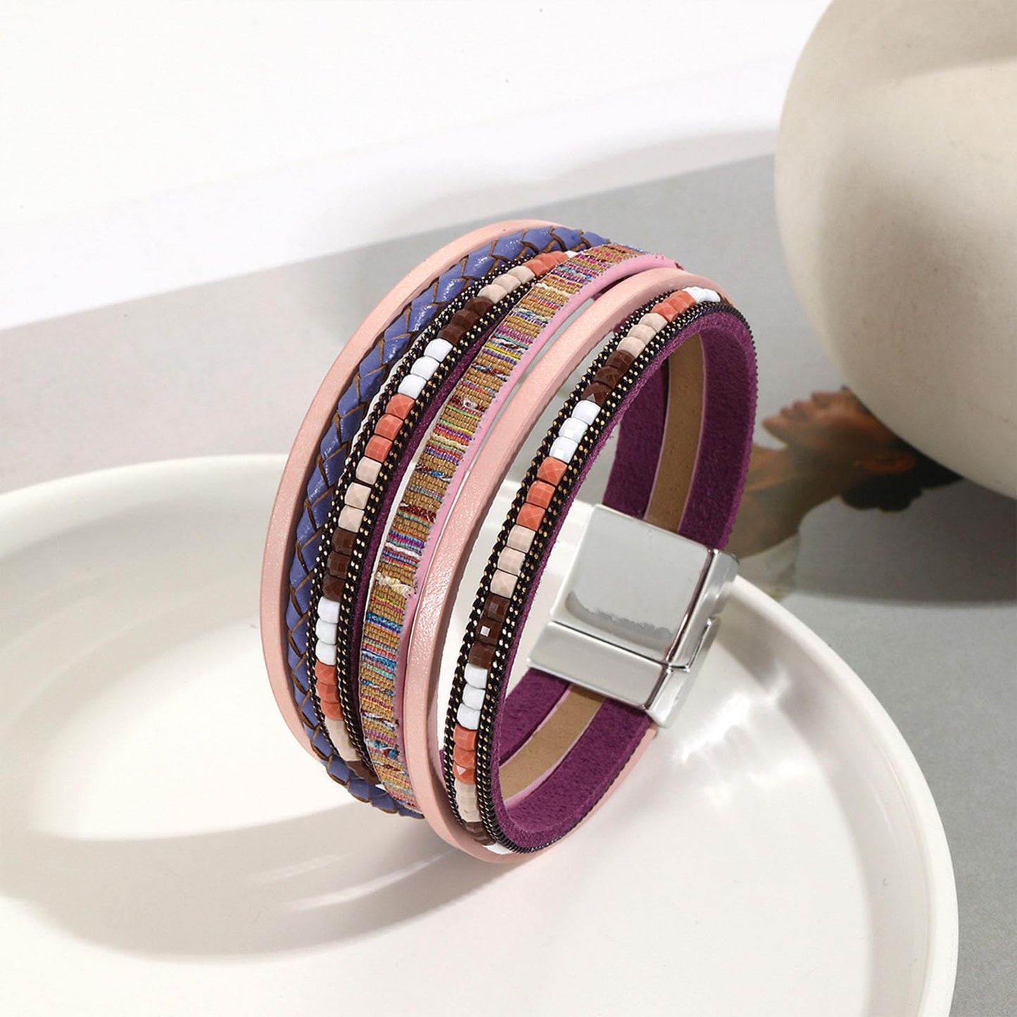 VIBILIA Boho Leather Wrap Bracelets for Women Trendy Layered Multi-Layer Bracelets with Strong Clasp Jewelry for Women - Purple