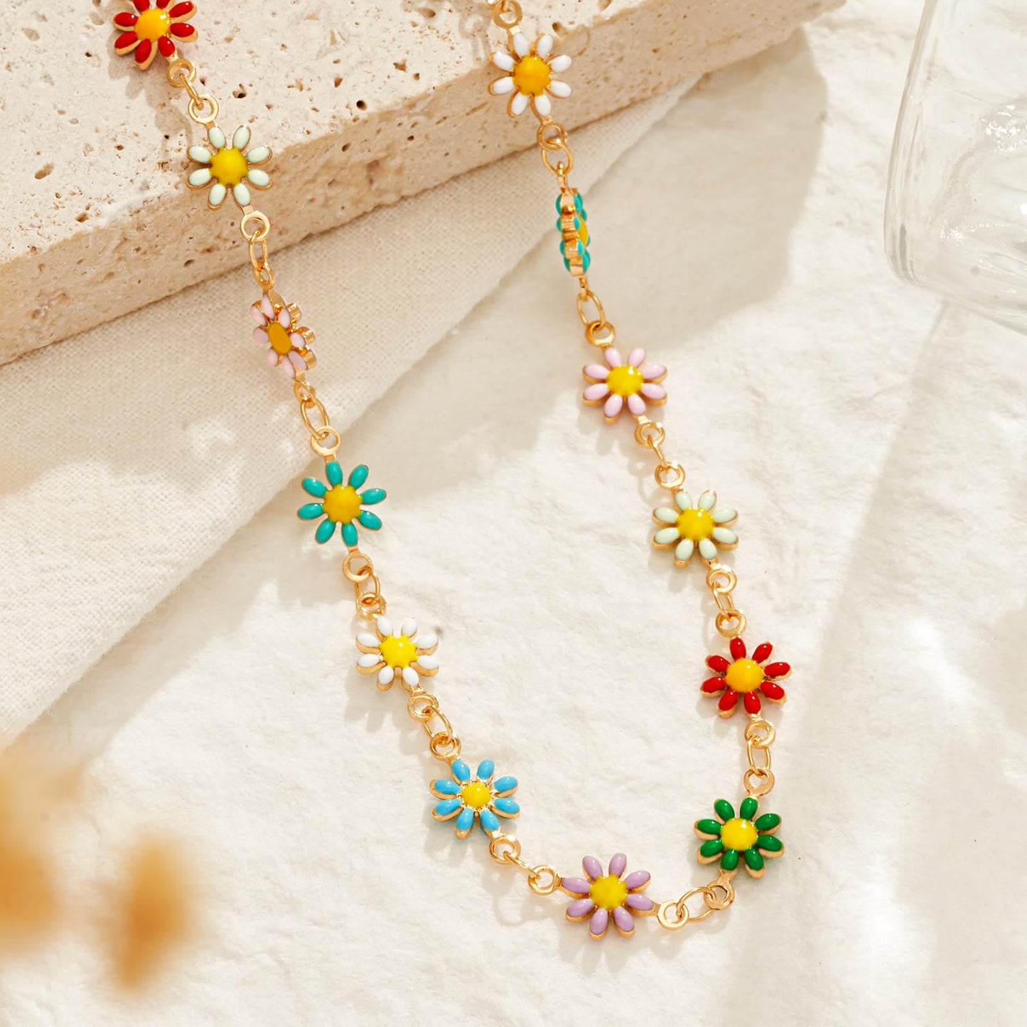 MTMY Gold Choker Necklace,14K Gold Plated Dainty Chain Choker Necklace Delicate Fashion Jewelry Gift for Women(colorful daisies)