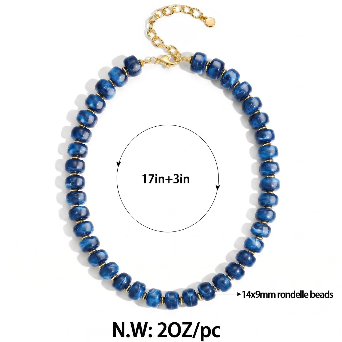 FAUTHENTICUTE Blue Beaded Chunky Statement Necklace for Women Adjustable Gold Tone Choker Boho Navy Blue Bead Collar Necklace Trendy Summer Beach Fashion Jewelry Gifts