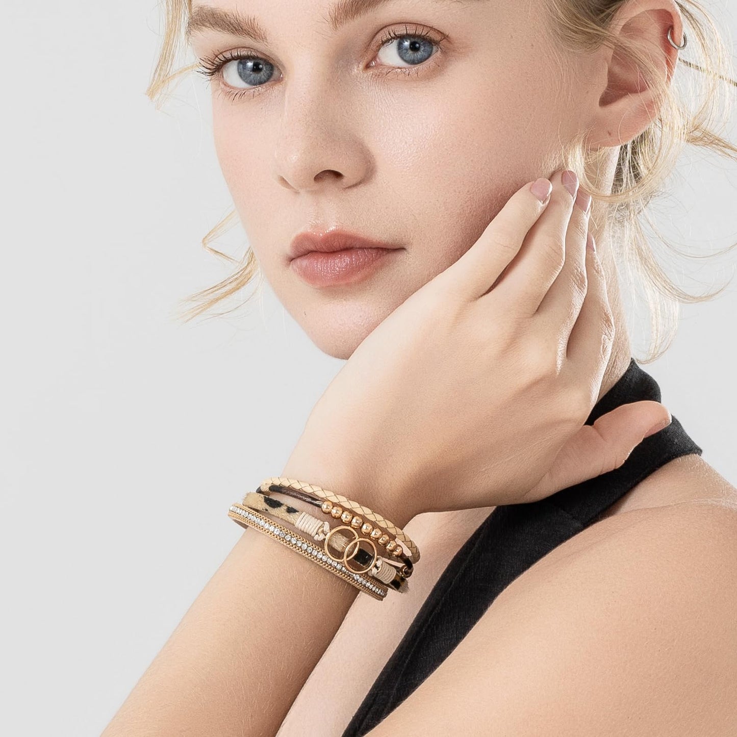 FANCY SHINY Boho Leather Wrap Bracelet Stackable Beaded Infinity Chunky Cuff Bracelets with Magnetic Clasp Western Hippie Outfits Jewelry Gifts for Women(Leopard)