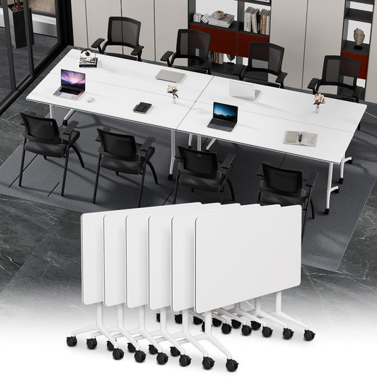 Modular Folding Conference Table with Wheels,6 Pack Mobile Conference Room Tables,Filp Top Rolling Meeting Training Tables for Office,Classroom,Library,Seminar,Boardroom,school(6pack,White,47in)